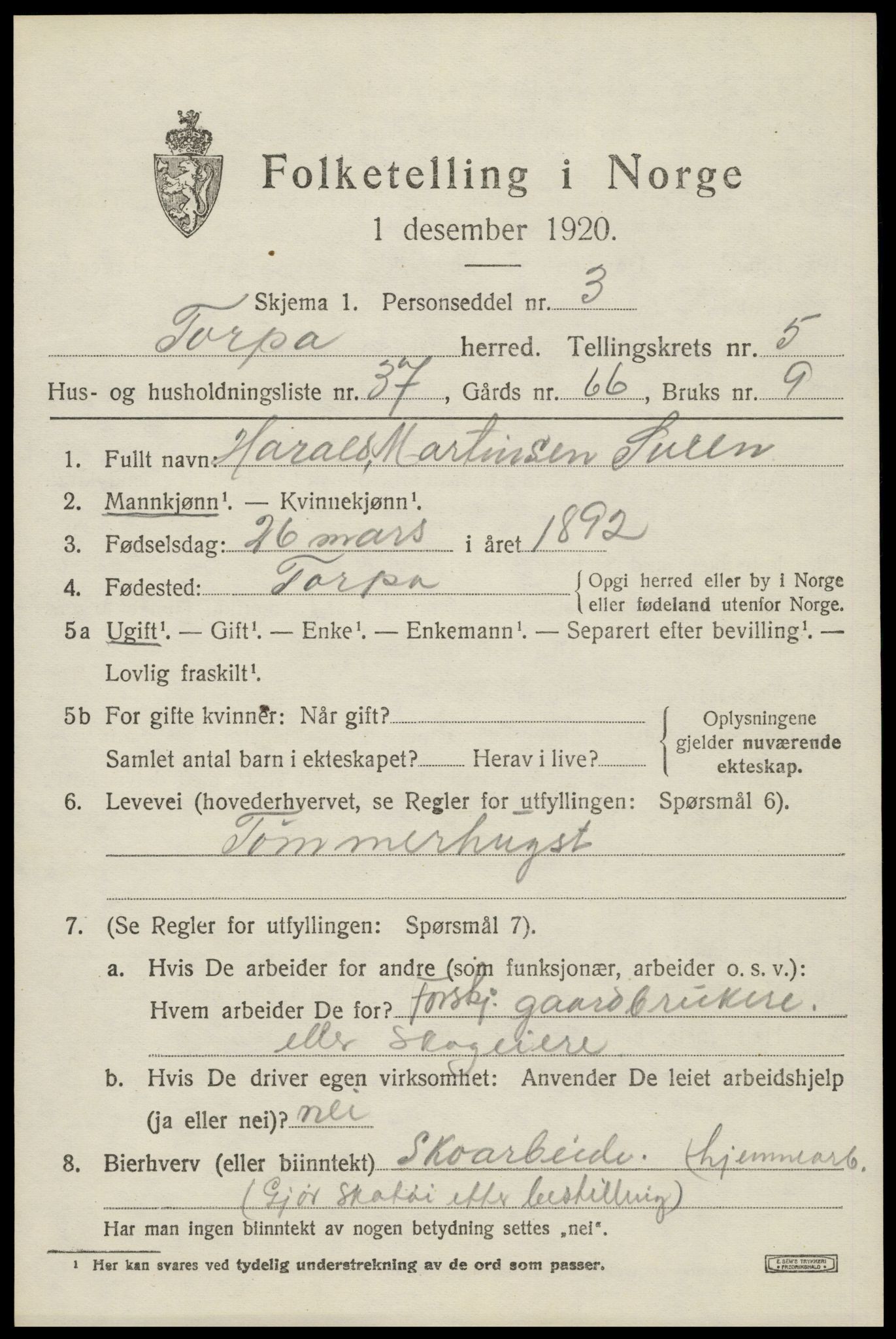 SAH, 1920 census for Torpa, 1920, p. 3909