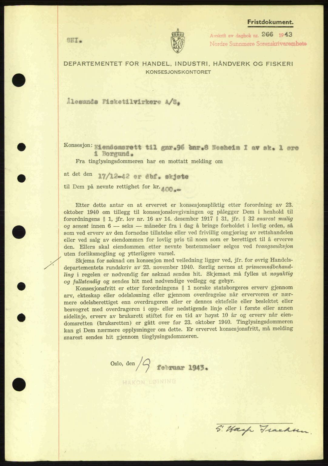 Nordre Sunnmøre sorenskriveri, SAT/A-0006/1/2/2C/2Ca: Mortgage book no. B6-14 a, 1942-1945, Diary no: : 266/1943