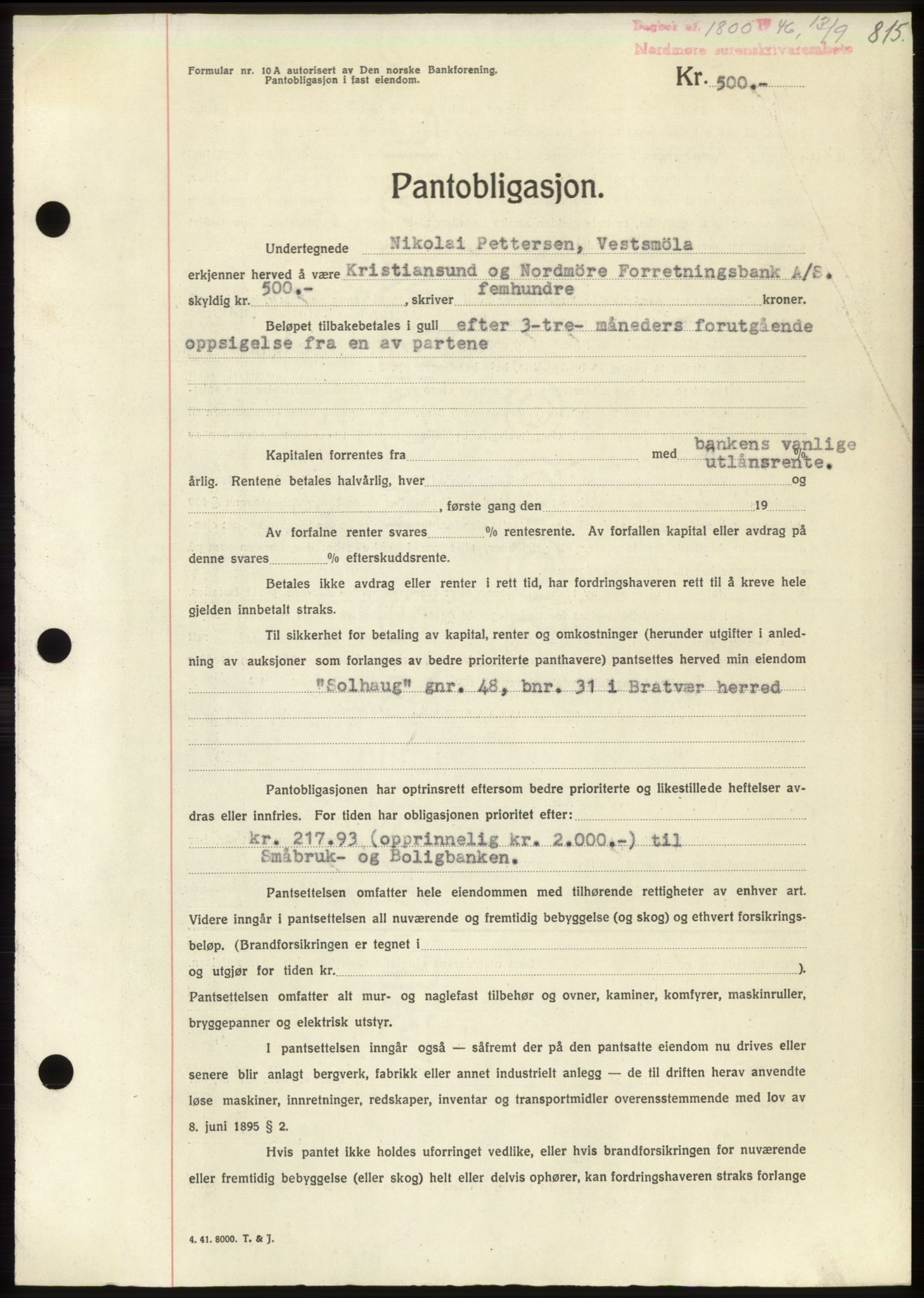 Nordmøre sorenskriveri, AV/SAT-A-4132/1/2/2Ca: Mortgage book no. B94, 1946-1946, Diary no: : 1800/1946