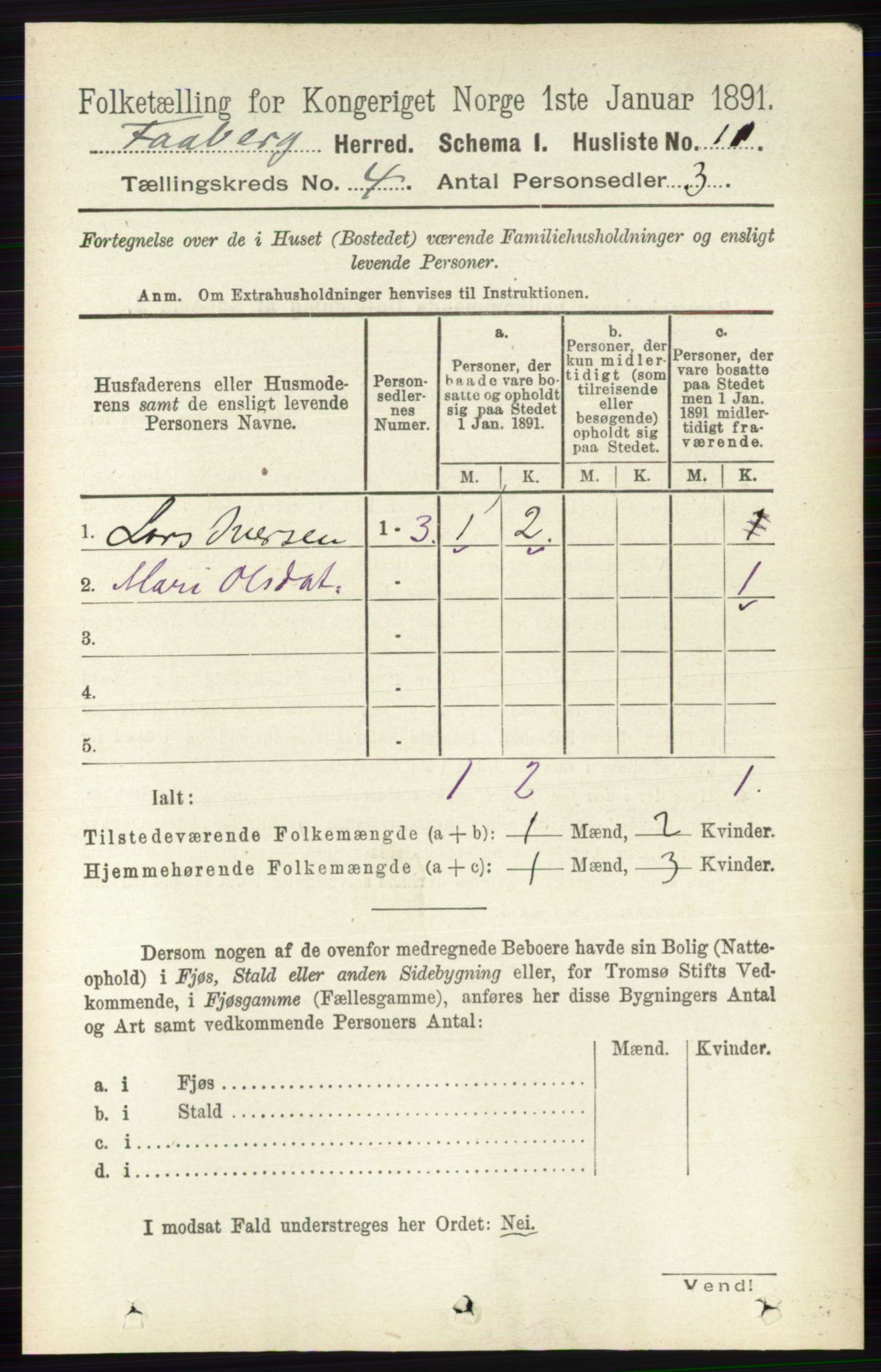 RA, 1891 census for 0524 Fåberg, 1891, p. 1176