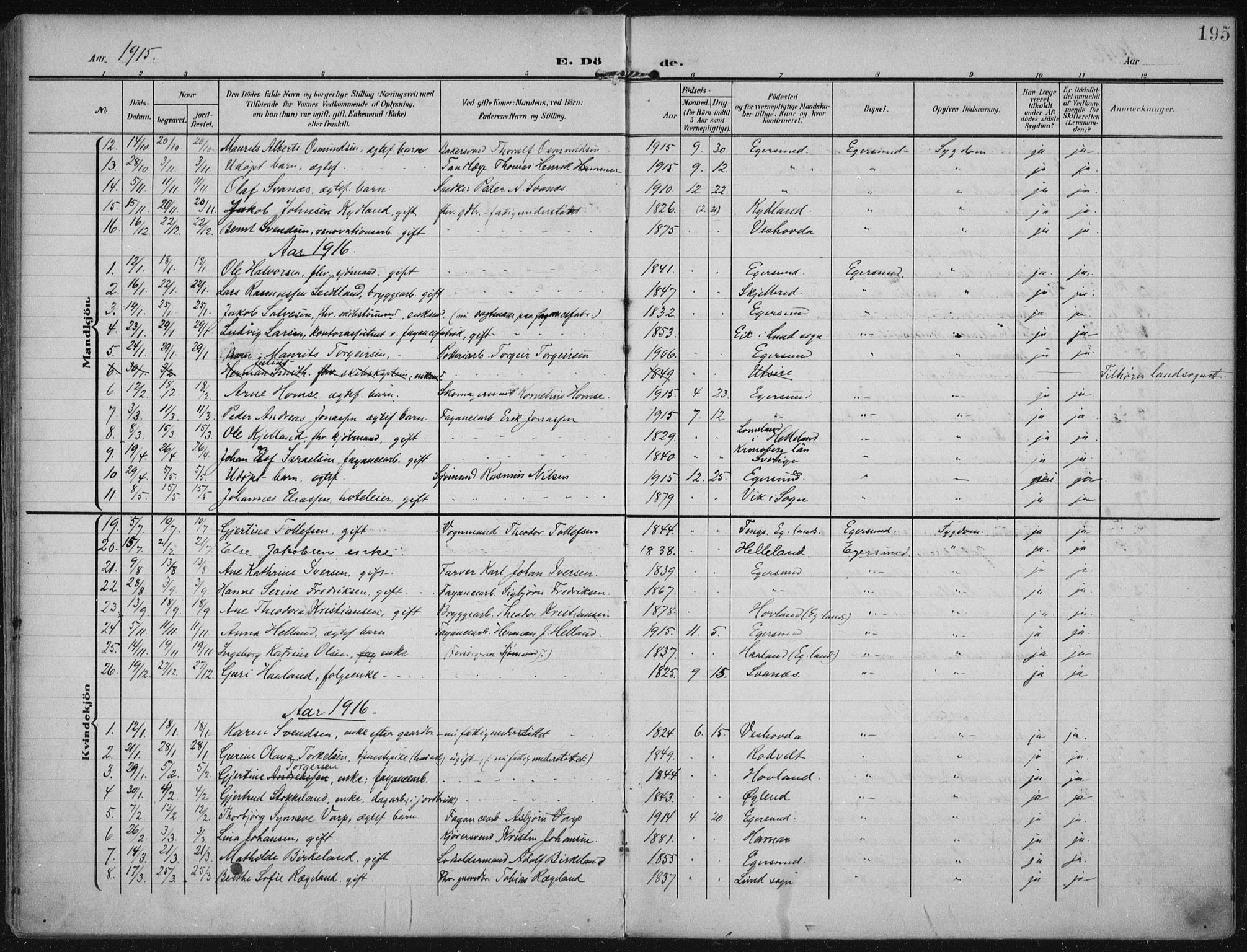 Eigersund sokneprestkontor, SAST/A-101807/S08/L0022: Parish register (official) no. A 21, 1905-1928, p. 195