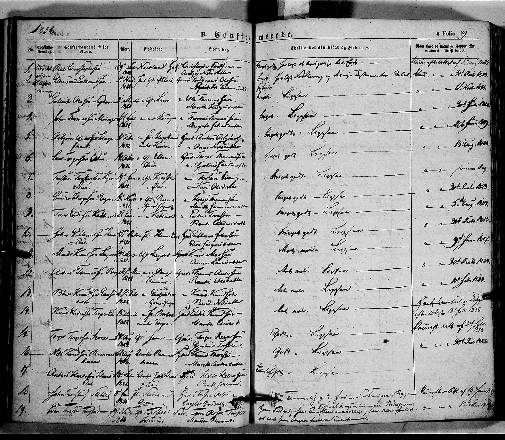 Vang prestekontor, Valdres, SAH/PREST-140/H/Ha/L0005: Parish register (official) no. 5, 1831-1845, p. 89