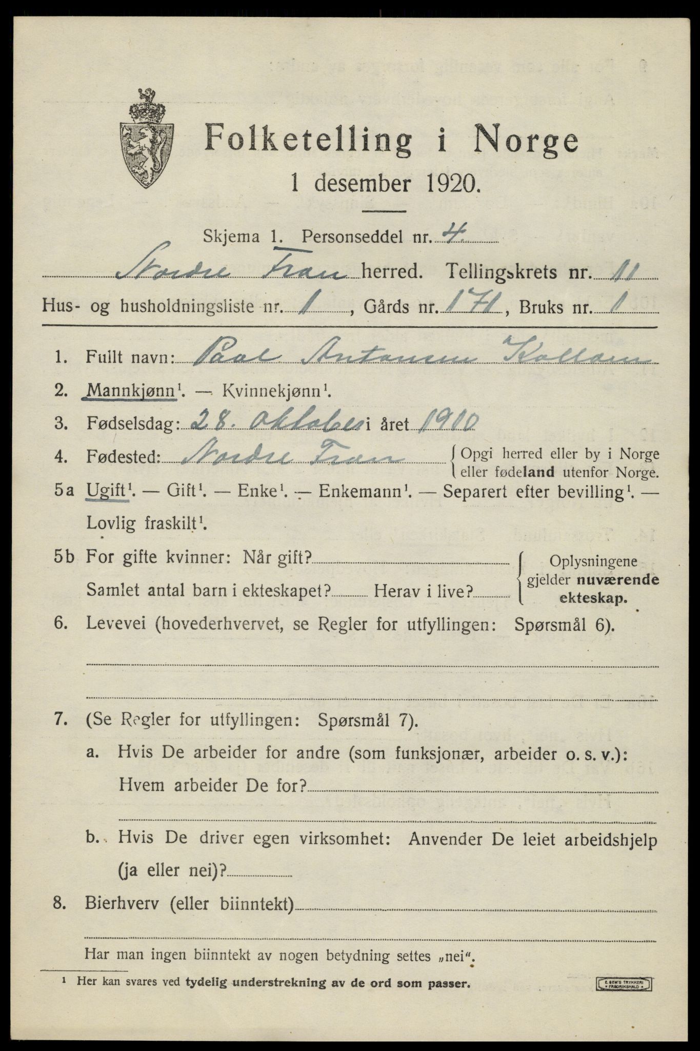 SAH, 1920 census for Nord-Fron, 1920, p. 9392