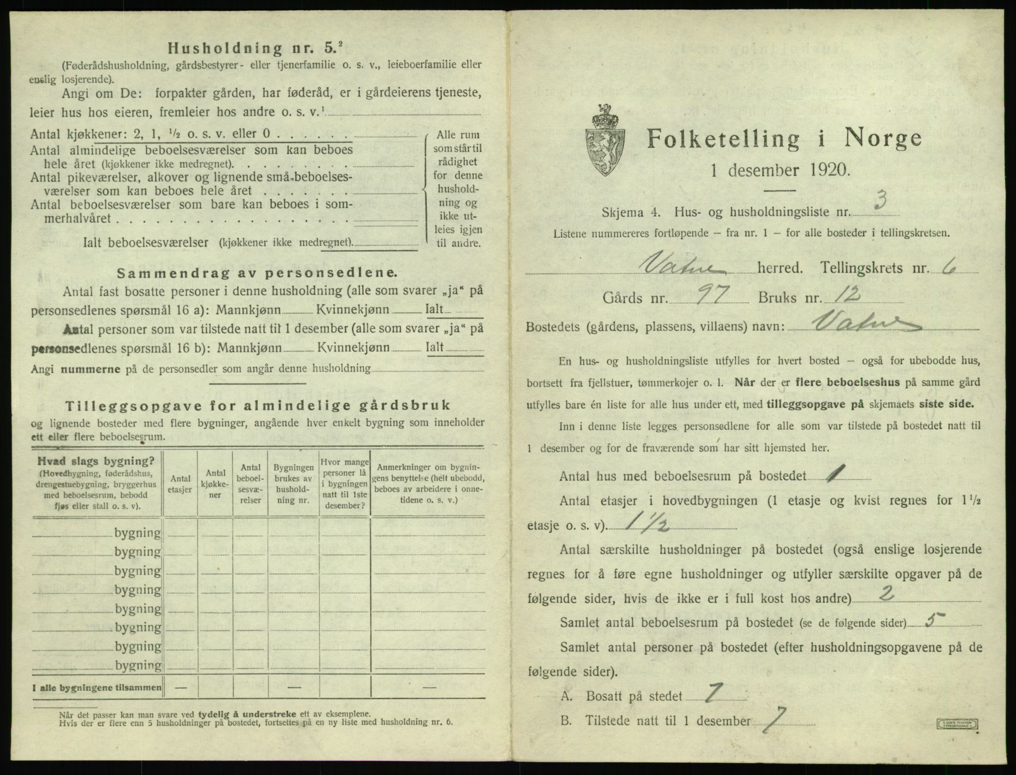 SAT, 1920 census for Vatne, 1920, p. 368