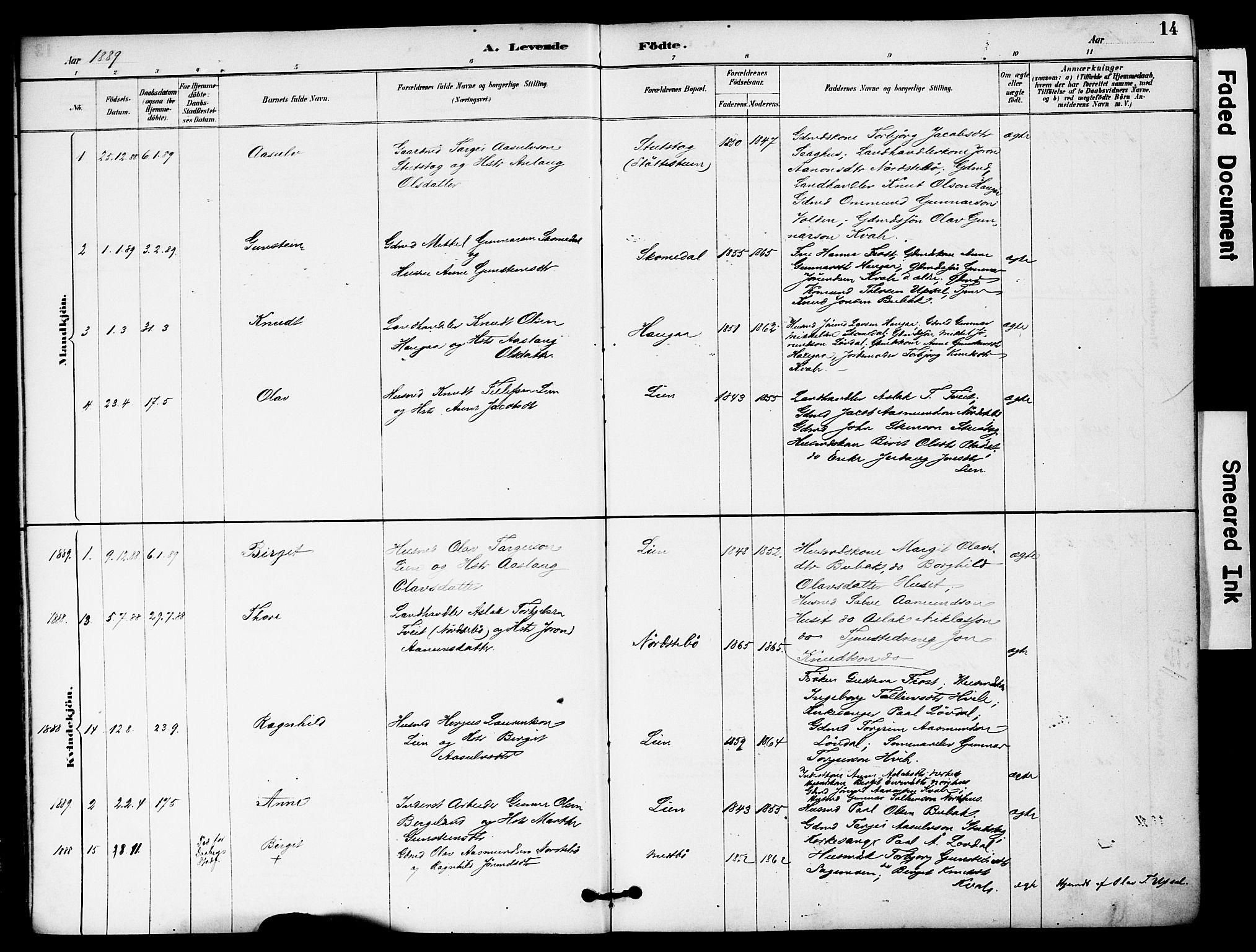 Bygland sokneprestkontor, AV/SAK-1111-0006/F/Fa/Fab/L0007: Parish register (official) no. A 7, 1885-1909, p. 14