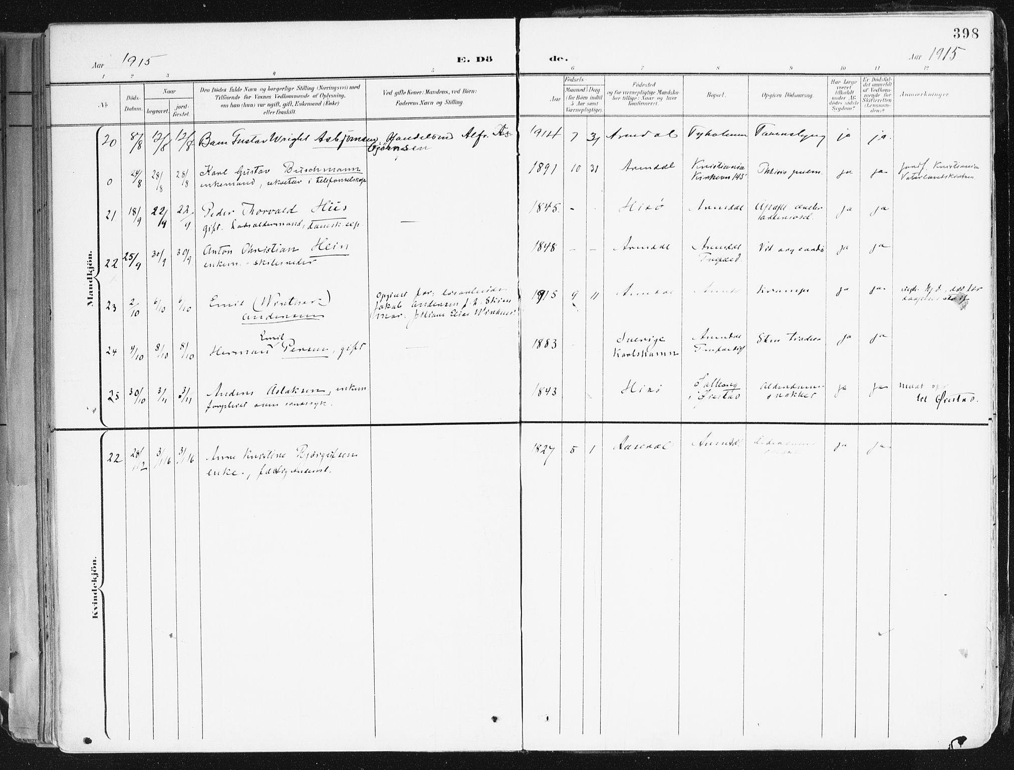 Arendal sokneprestkontor, Trefoldighet, AV/SAK-1111-0040/F/Fa/L0010: Parish register (official) no. A 10, 1900-1919, p. 398