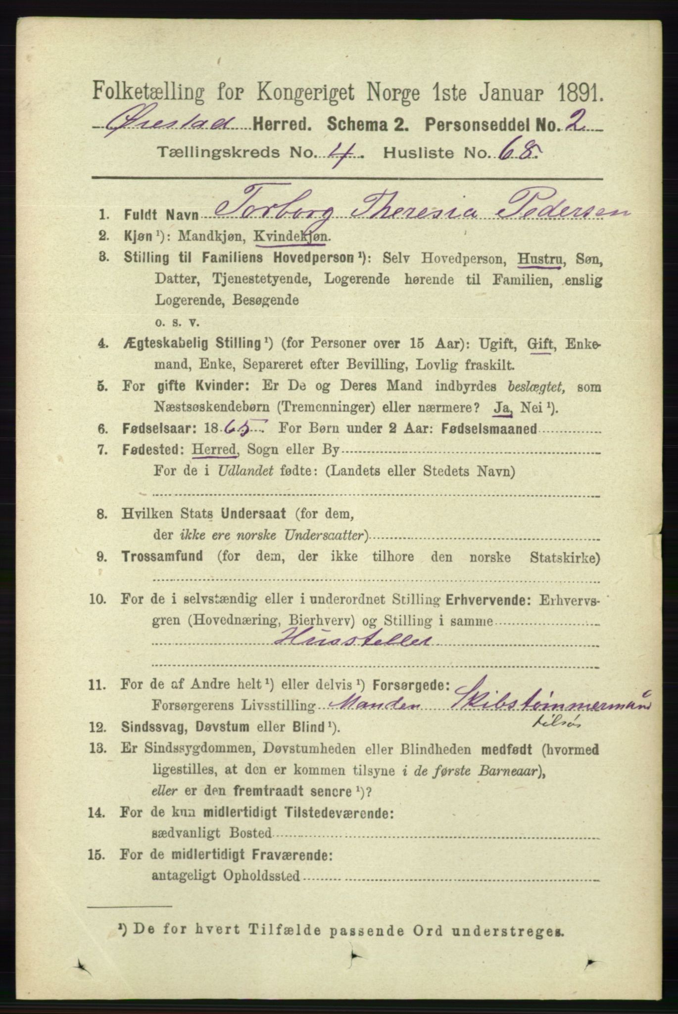 RA, 1891 census for 0920 Øyestad, 1891, p. 1747