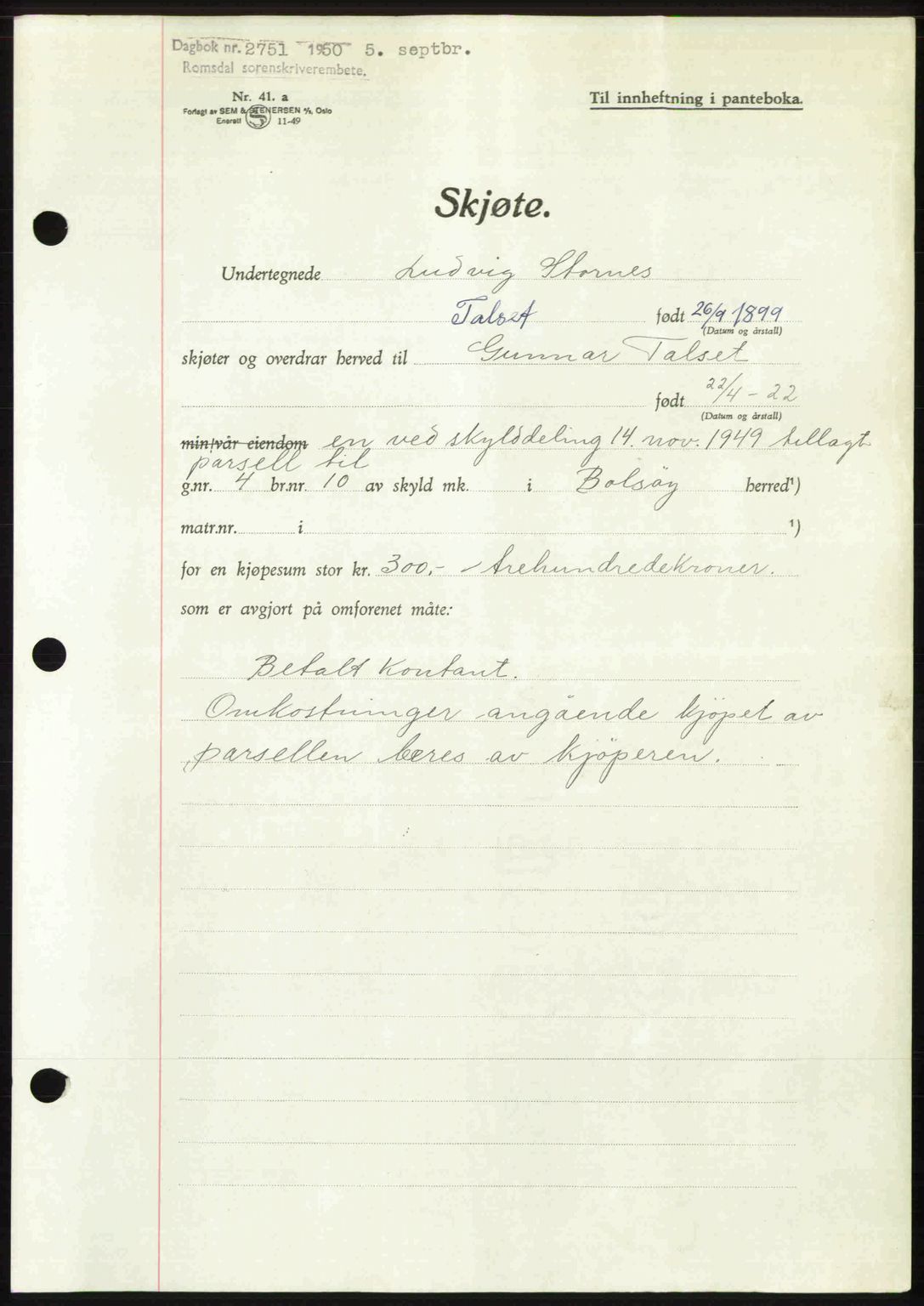 Romsdal sorenskriveri, AV/SAT-A-4149/1/2/2C: Mortgage book no. A34, 1950-1950, Diary no: : 2751/1950