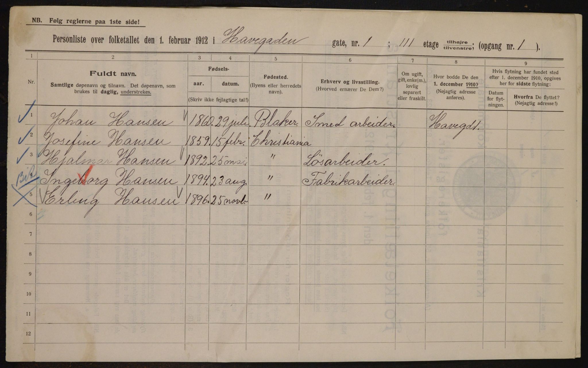 OBA, Municipal Census 1912 for Kristiania, 1912, p. 33327