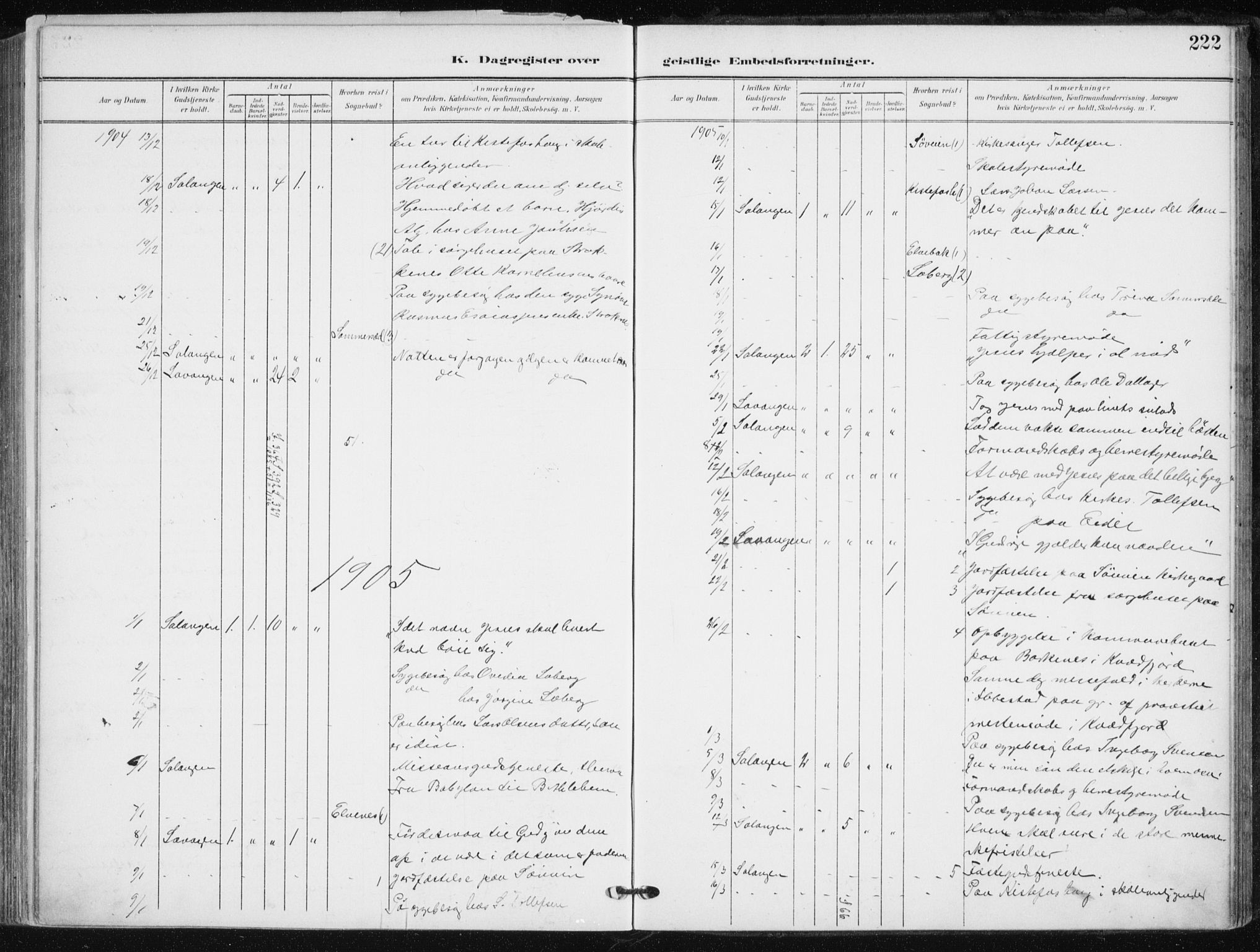 Salangen sokneprestembete, SATØ/S-1324/H/Ha/L0002kirke: Parish register (official) no. 2, 1902-1911, p. 222
