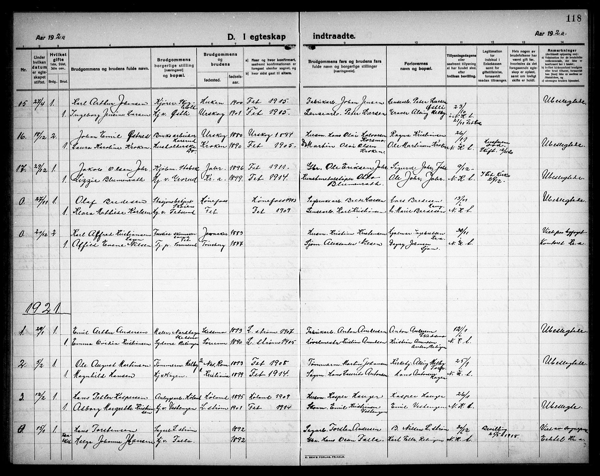 Fet prestekontor Kirkebøker, AV/SAO-A-10370a/G/Ga/L0009: Parish register (copy) no. I 9, 1920-1934, p. 118