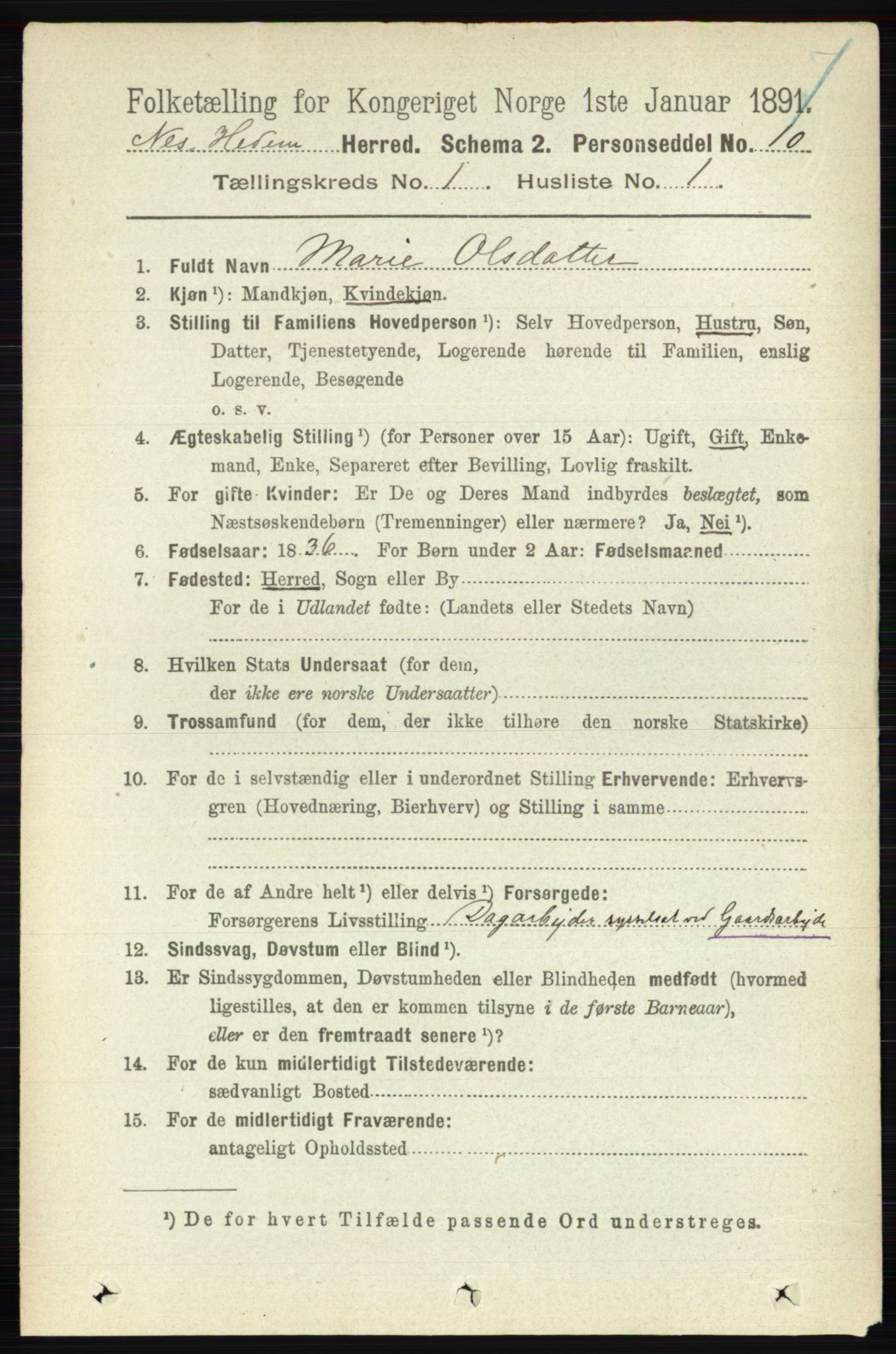 RA, 1891 census for 0411 Nes, 1891, p. 168