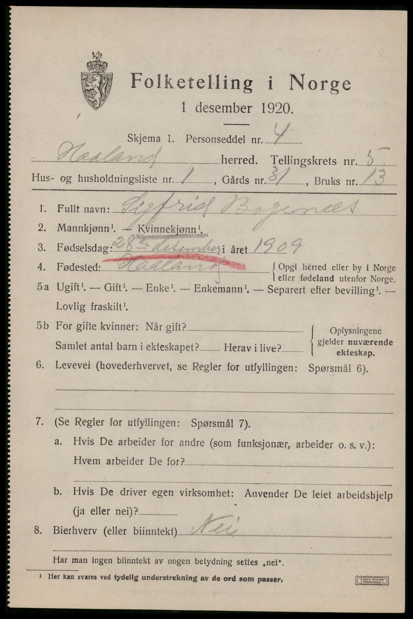 SAST, 1920 census for Håland, 1920, p. 4521