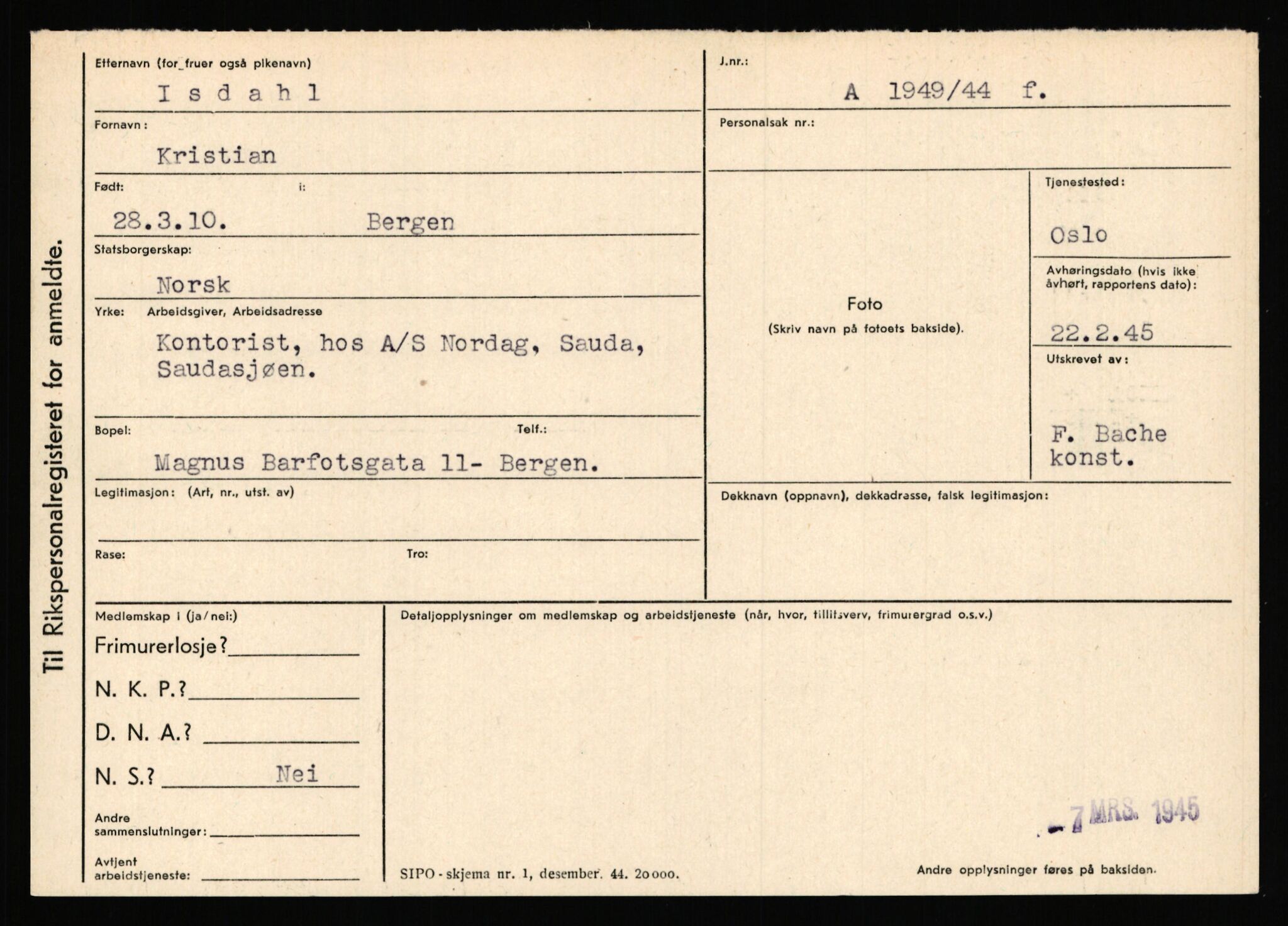 Statspolitiet - Hovedkontoret / Osloavdelingen, AV/RA-S-1329/C/Ca/L0007: Hol - Joelsen, 1943-1945, p. 2593