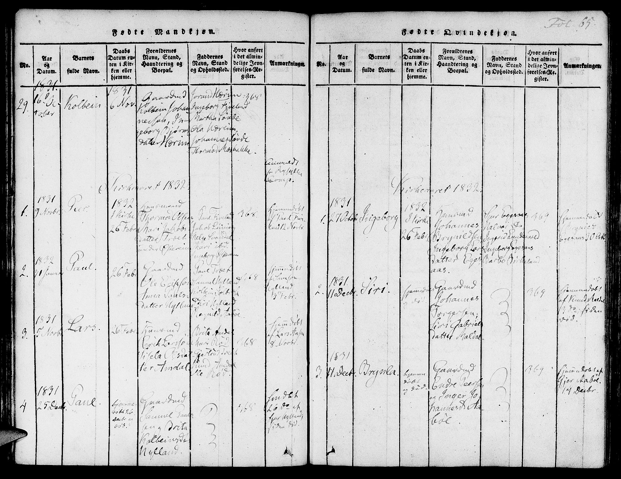 Suldal sokneprestkontor, SAST/A-101845/01/IV/L0007: Parish register (official) no. A 7, 1817-1838, p. 65