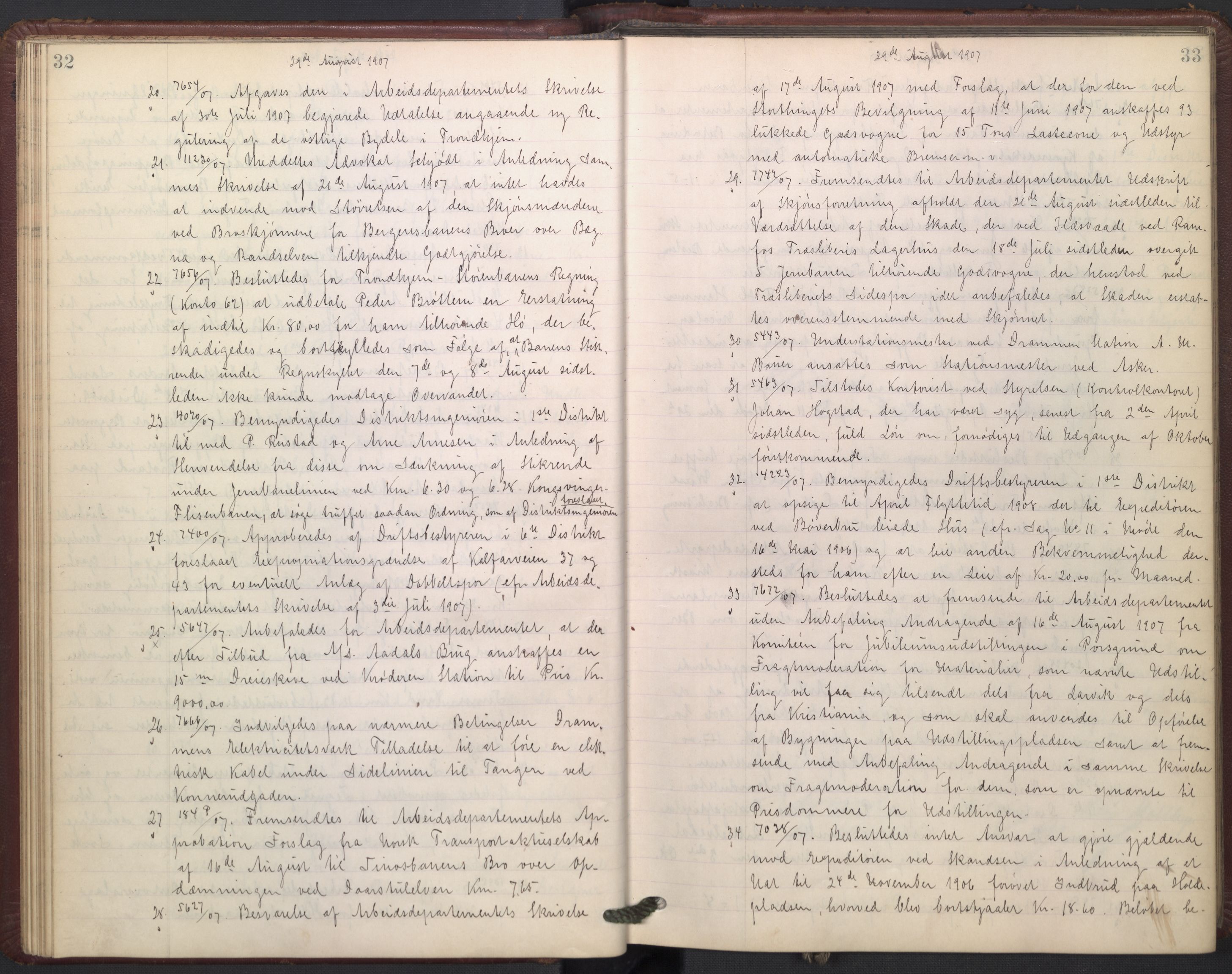 Norges statsbaner, Administrasjons- økonomi- og personalavdelingen, AV/RA-S-3412/A/Aa/L0009: Forhandlingsprotokoll, 1907-1909, p. 32-33