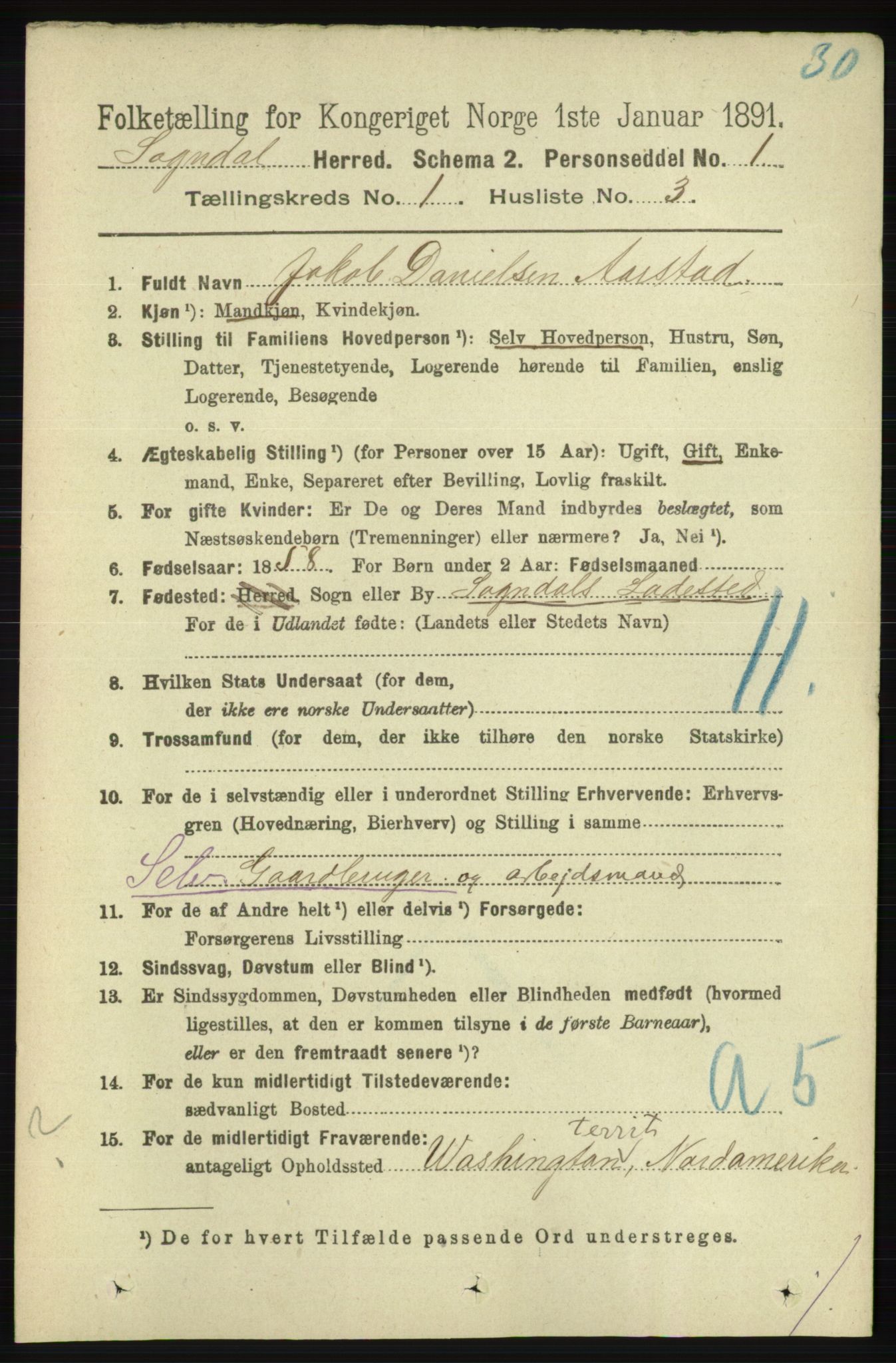 RA, 1891 census for 1111 Sokndal, 1891, p. 100