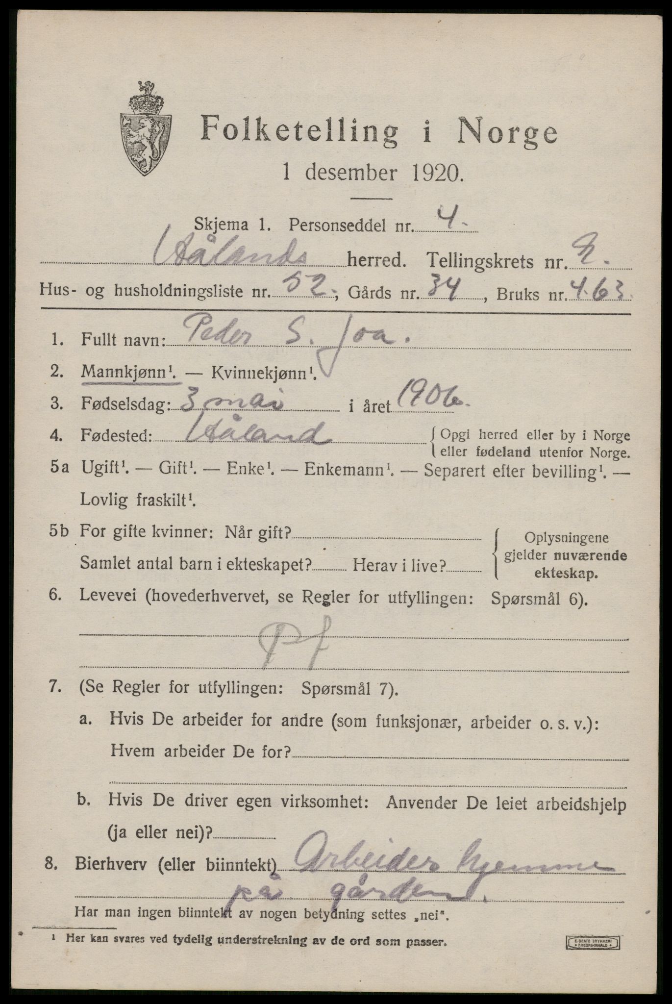 SAST, 1920 census for Håland, 1920, p. 7499