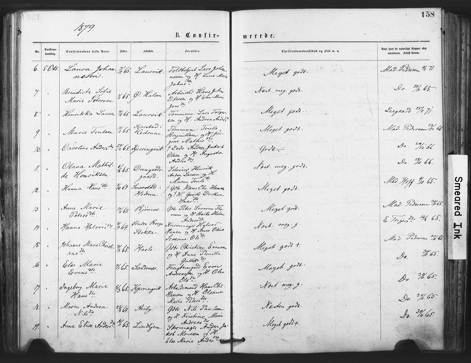 Tjølling kirkebøker, SAKO/A-60/F/Fa/L0008: Parish register (official) no. 8, 1877-1886, p. 158