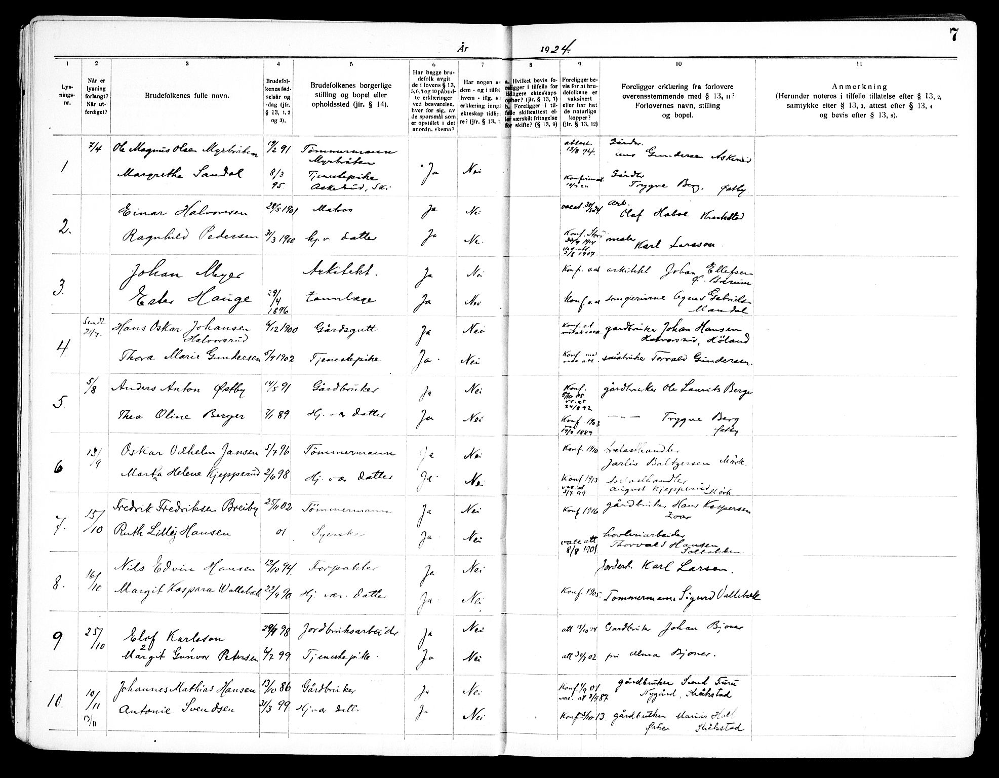 Kråkstad prestekontor Kirkebøker, SAO/A-10125a/H/Ha/L0001: Banns register no. I 1, 1919-1969, p. 7