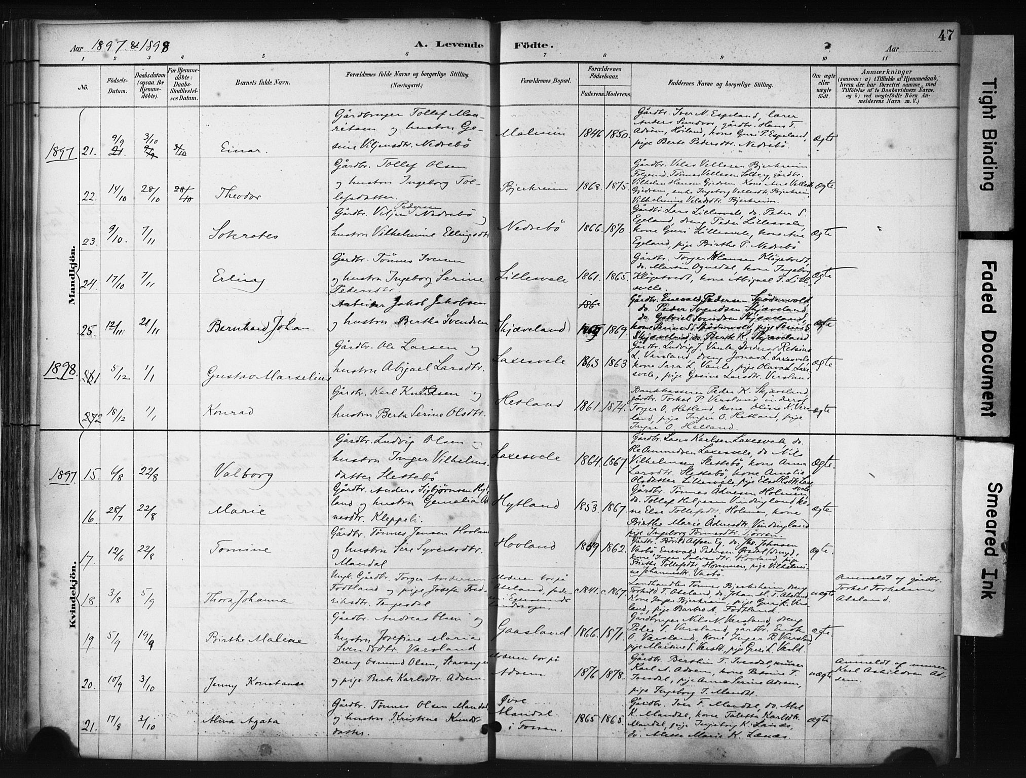 Helleland sokneprestkontor, AV/SAST-A-101810: Parish register (official) no. A 9, 1887-1908, p. 47