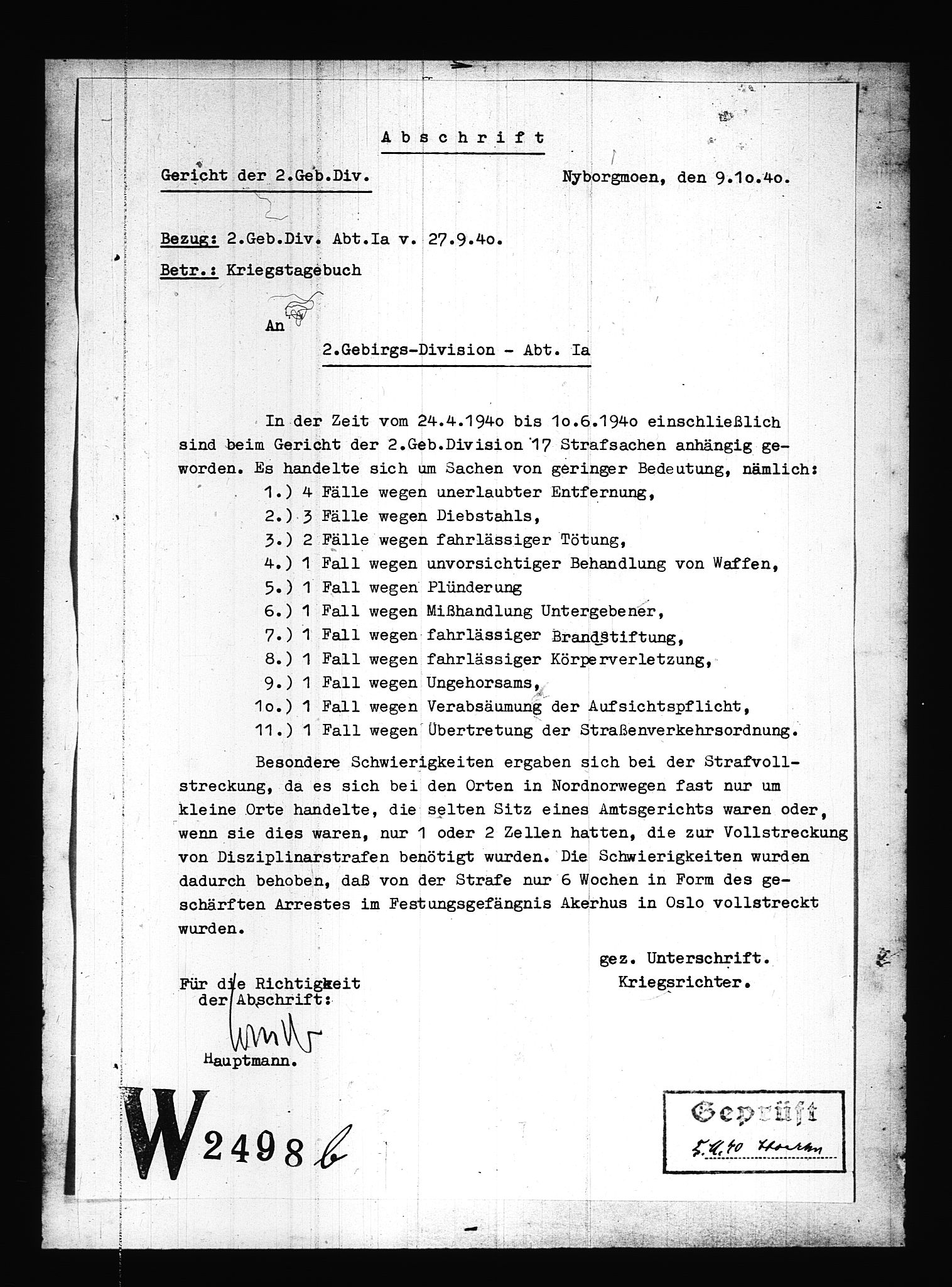 Documents Section, RA/RAFA-2200/V/L0086: Amerikansk mikrofilm "Captured German Documents".
Box No. 725.  FKA jnr. 601/1954., 1940, p. 100