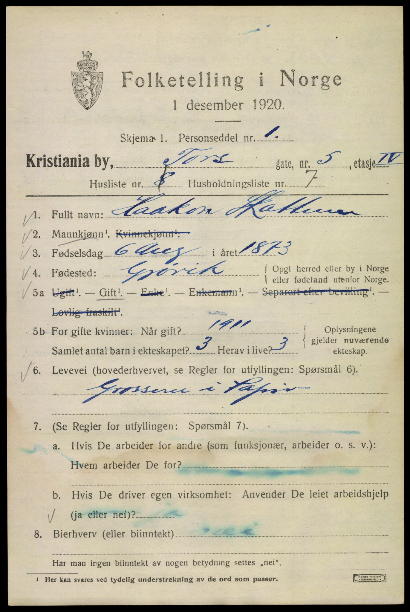 SAO, 1920 census for Kristiania, 1920, p. 590827