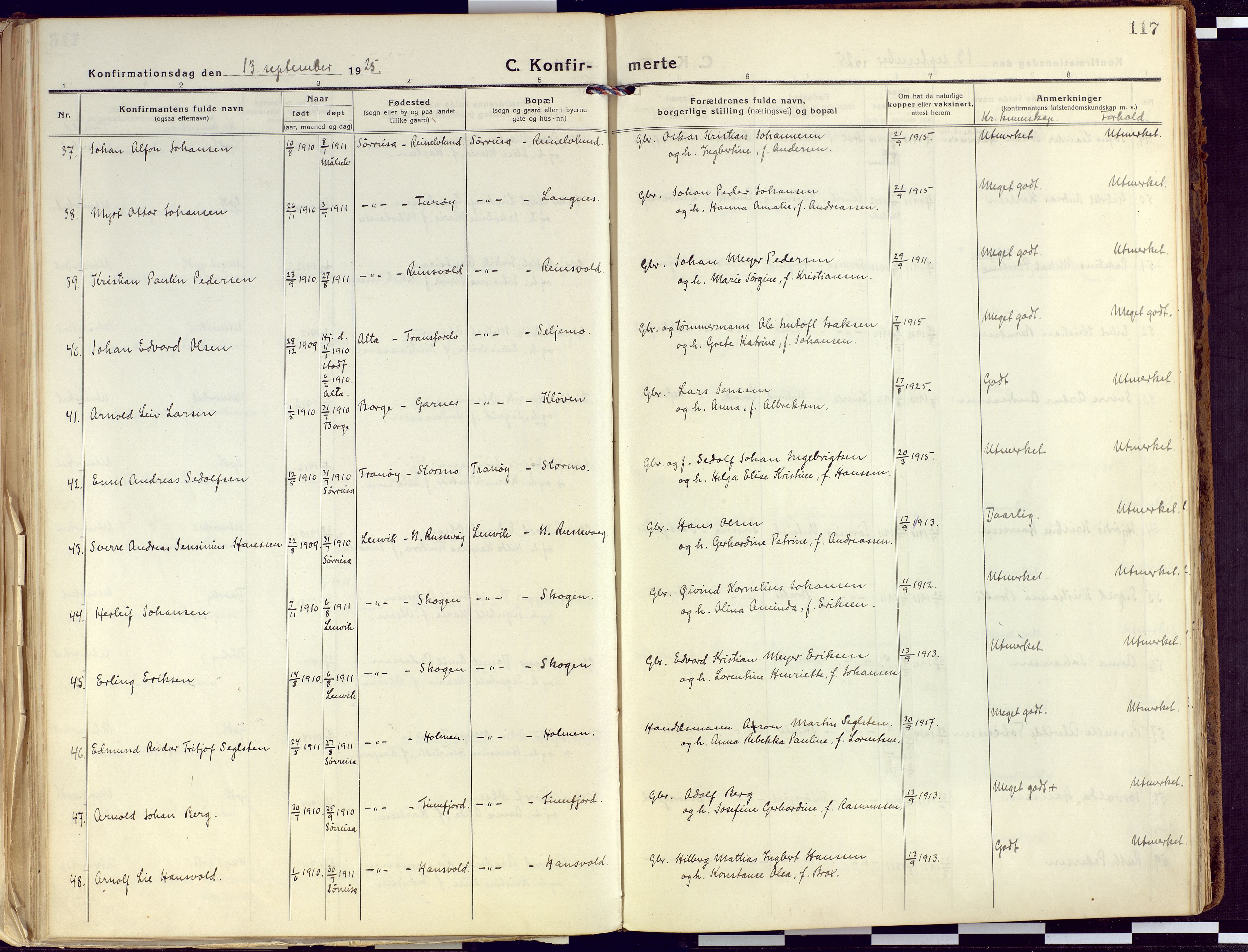 Tranøy sokneprestkontor, AV/SATØ-S-1313/I/Ia/Iaa/L0015kirke: Parish register (official) no. 15, 1919-1928, p. 117