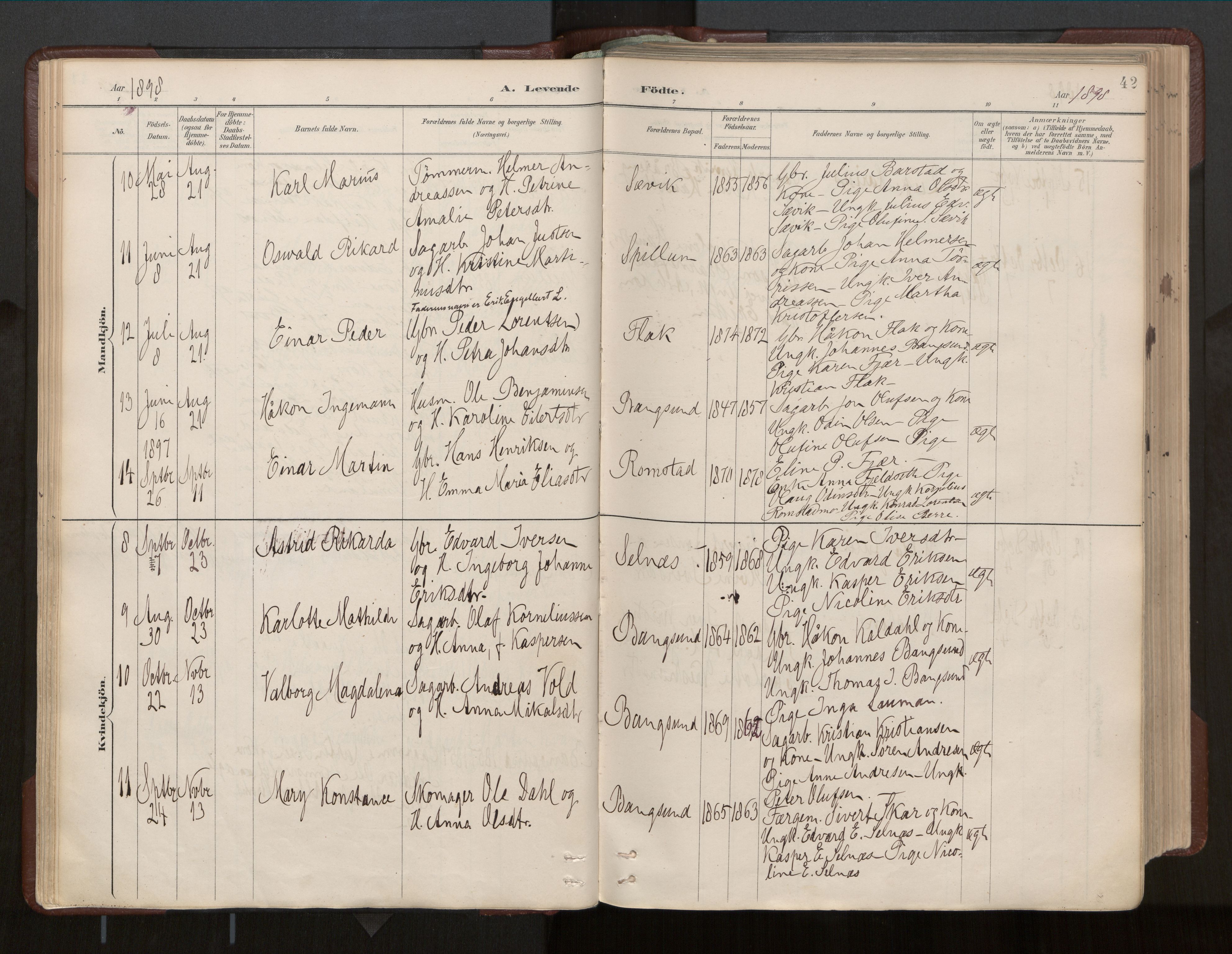Ministerialprotokoller, klokkerbøker og fødselsregistre - Nord-Trøndelag, AV/SAT-A-1458/770/L0589: Parish register (official) no. 770A03, 1887-1929, p. 42