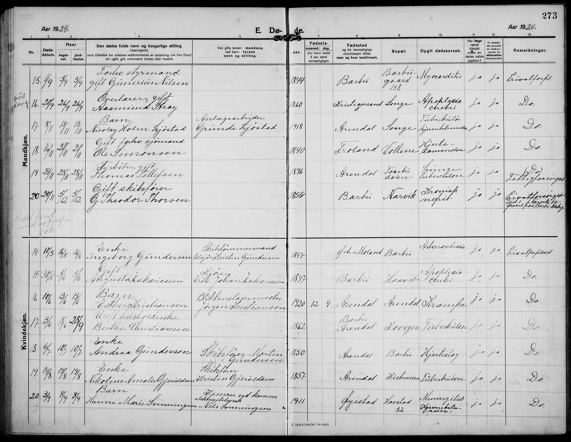 Barbu sokneprestkontor, AV/SAK-1111-0003/F/Fb/L0004: Parish register (copy) no. B 4, 1911-1936, p. 273