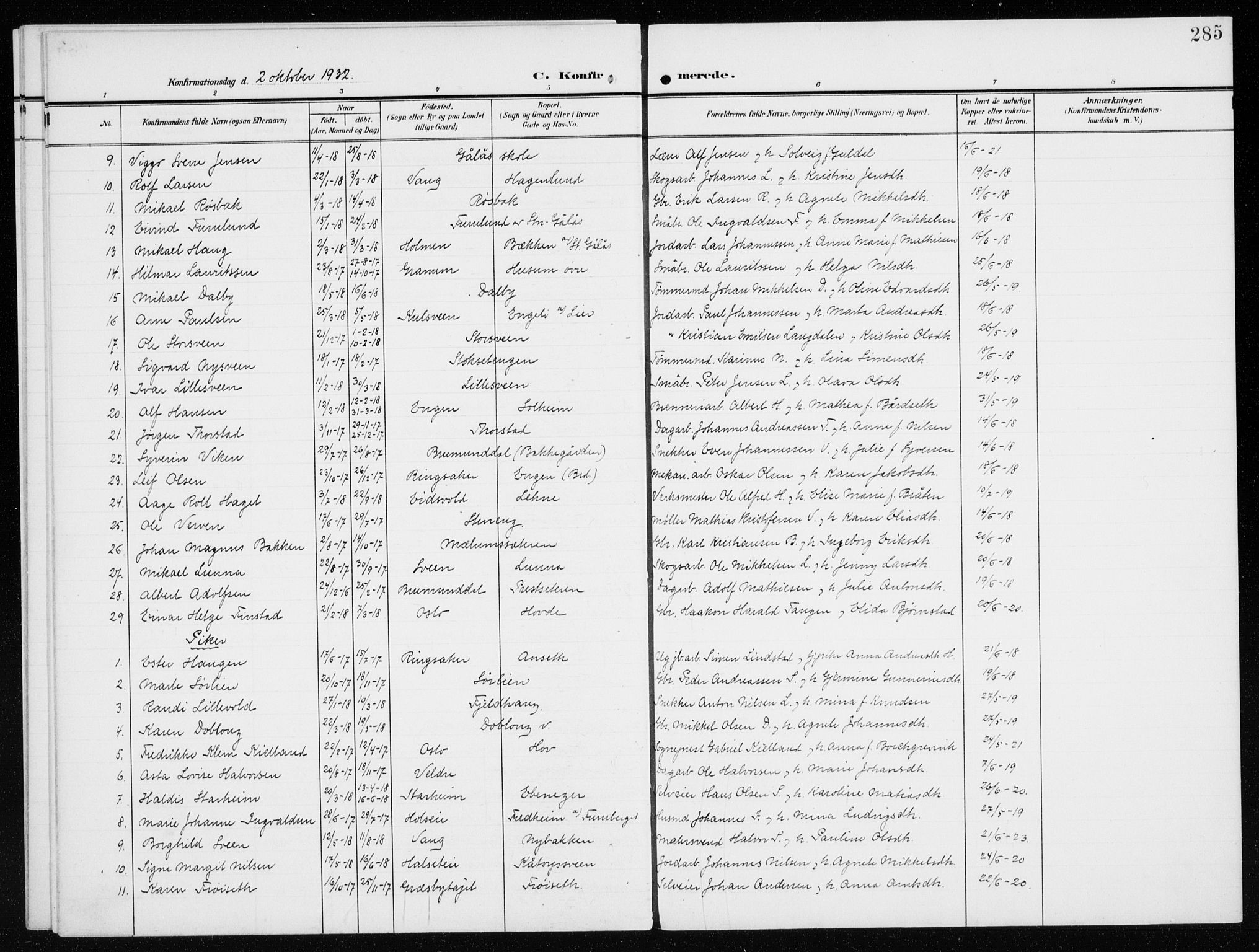 Furnes prestekontor, AV/SAH-PREST-012/K/Ka/L0001: Parish register (official) no. 1, 1907-1935, p. 285