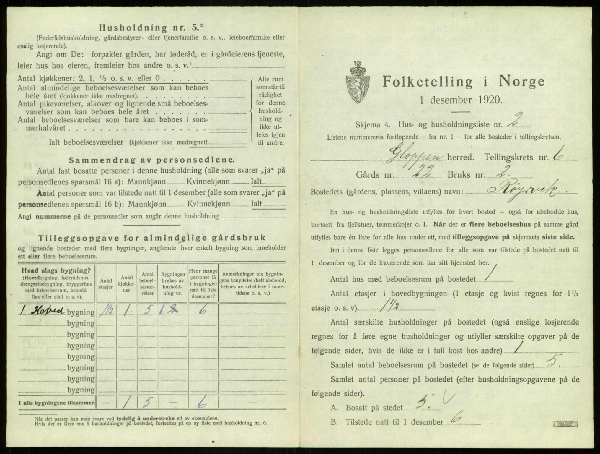 SAB, 1920 census for Gloppen, 1920, p. 442