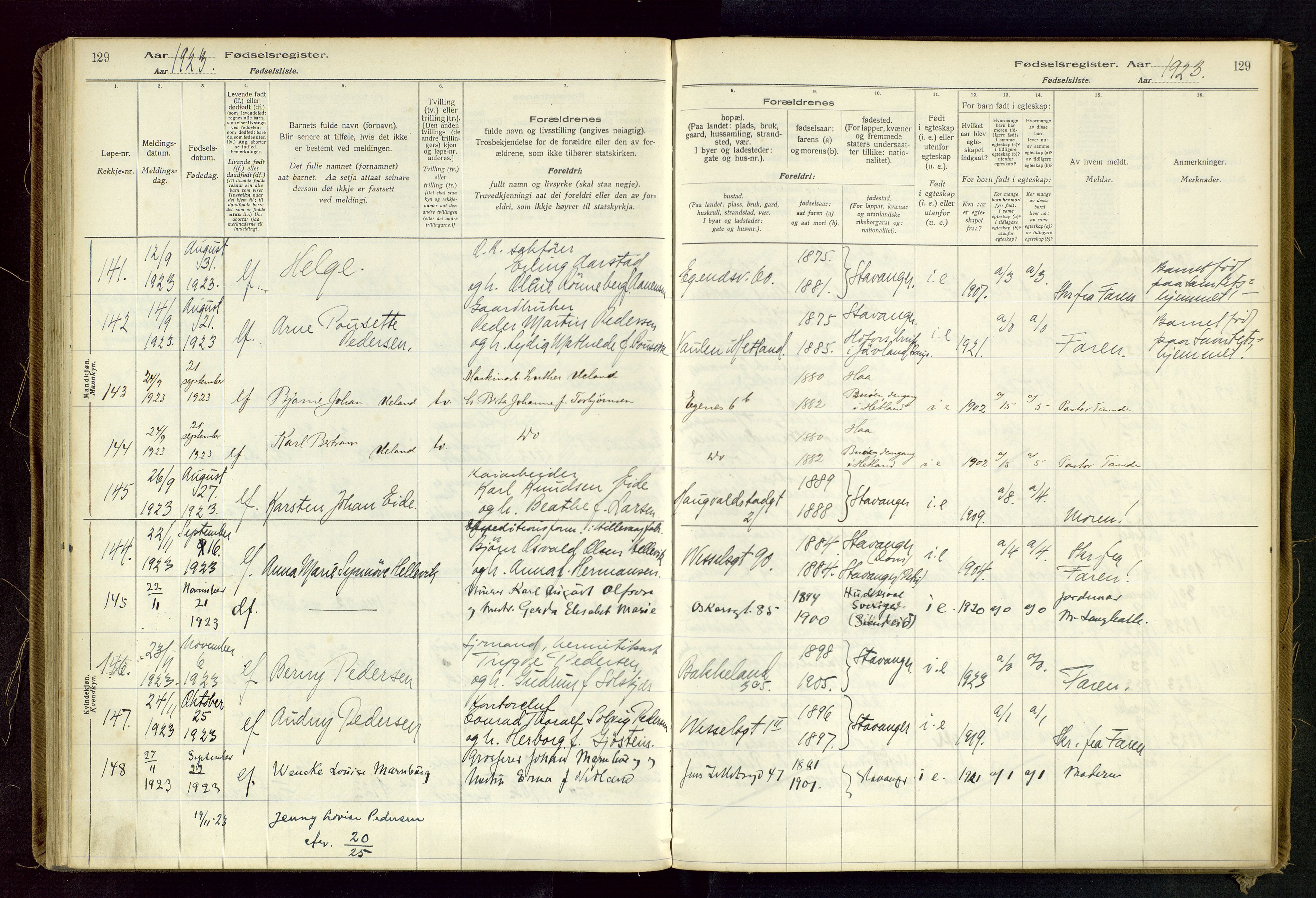 Domkirken sokneprestkontor, SAST/A-101812/002/B/L0002: Birth register no. 2, 1920-1925, p. 129