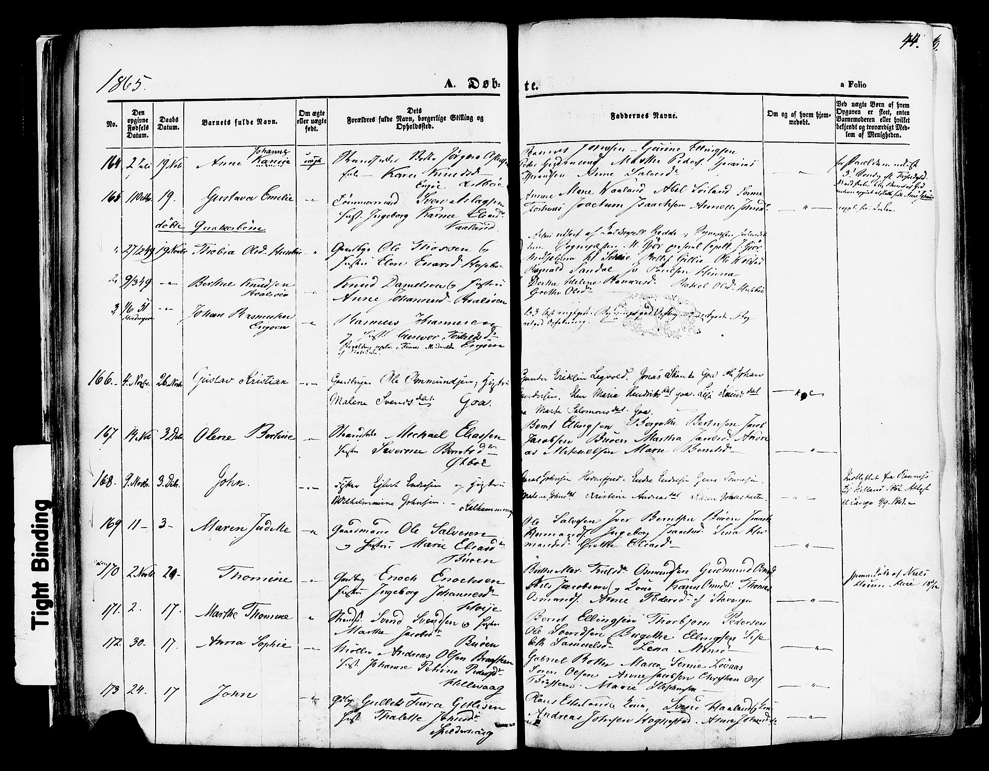 Hetland sokneprestkontor, AV/SAST-A-101826/30/30BA/L0003: Parish register (official) no. A 3, 1862-1876, p. 44