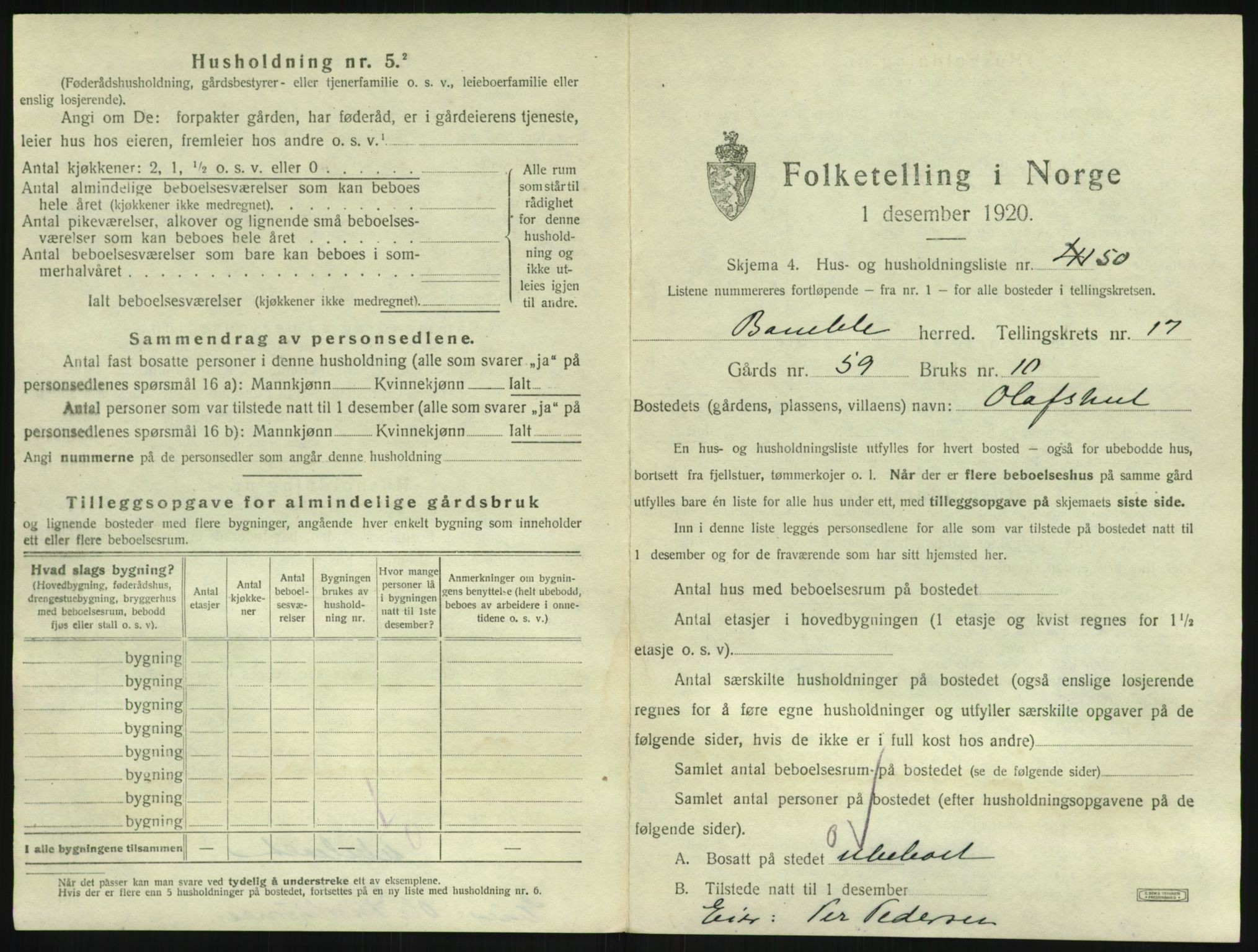 SAKO, 1920 census for Bamble, 1920, p. 1997