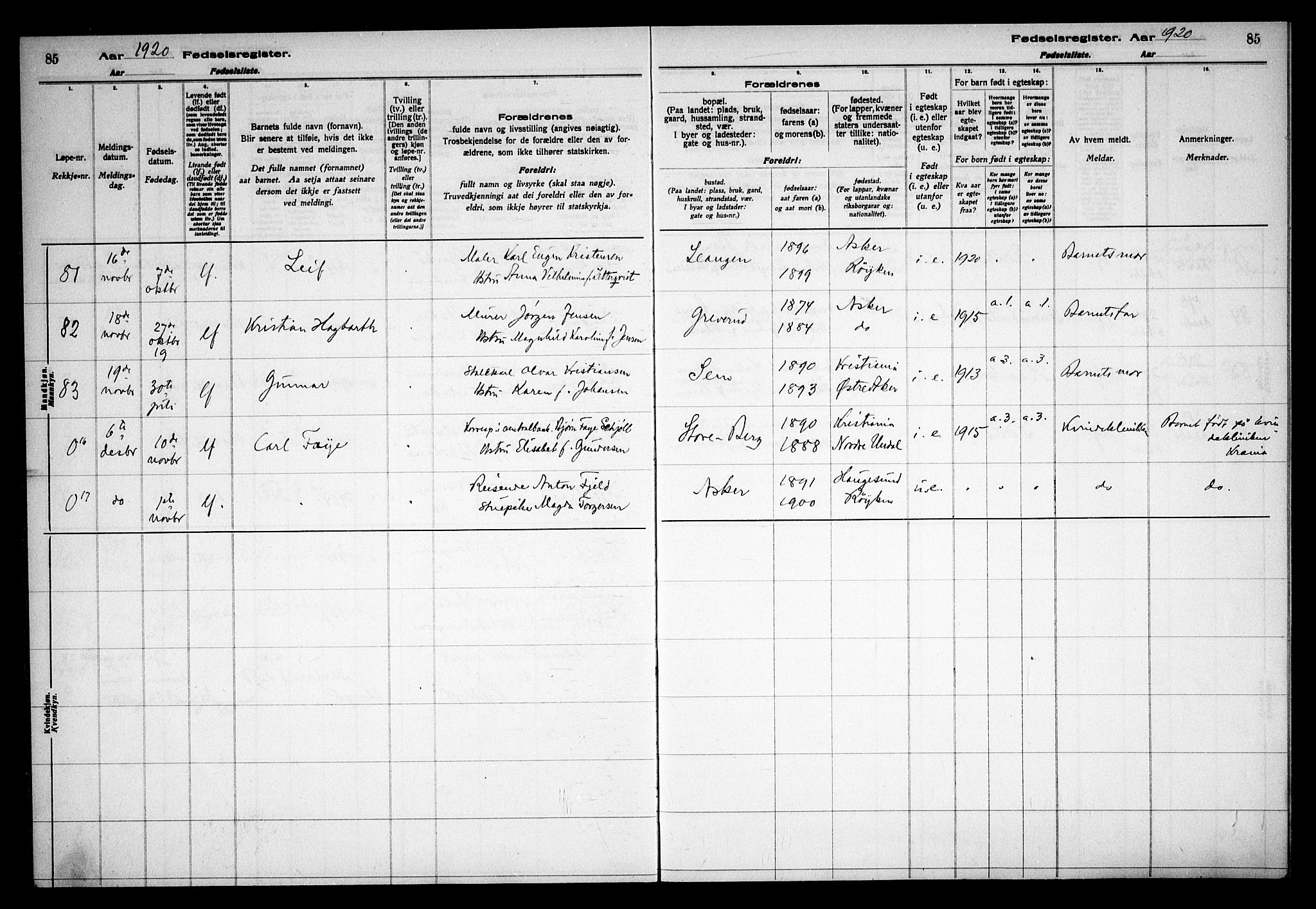 Asker prestekontor Kirkebøker, AV/SAO-A-10256a/J/L0001: Birth register no. 1, 1916-1925, p. 85