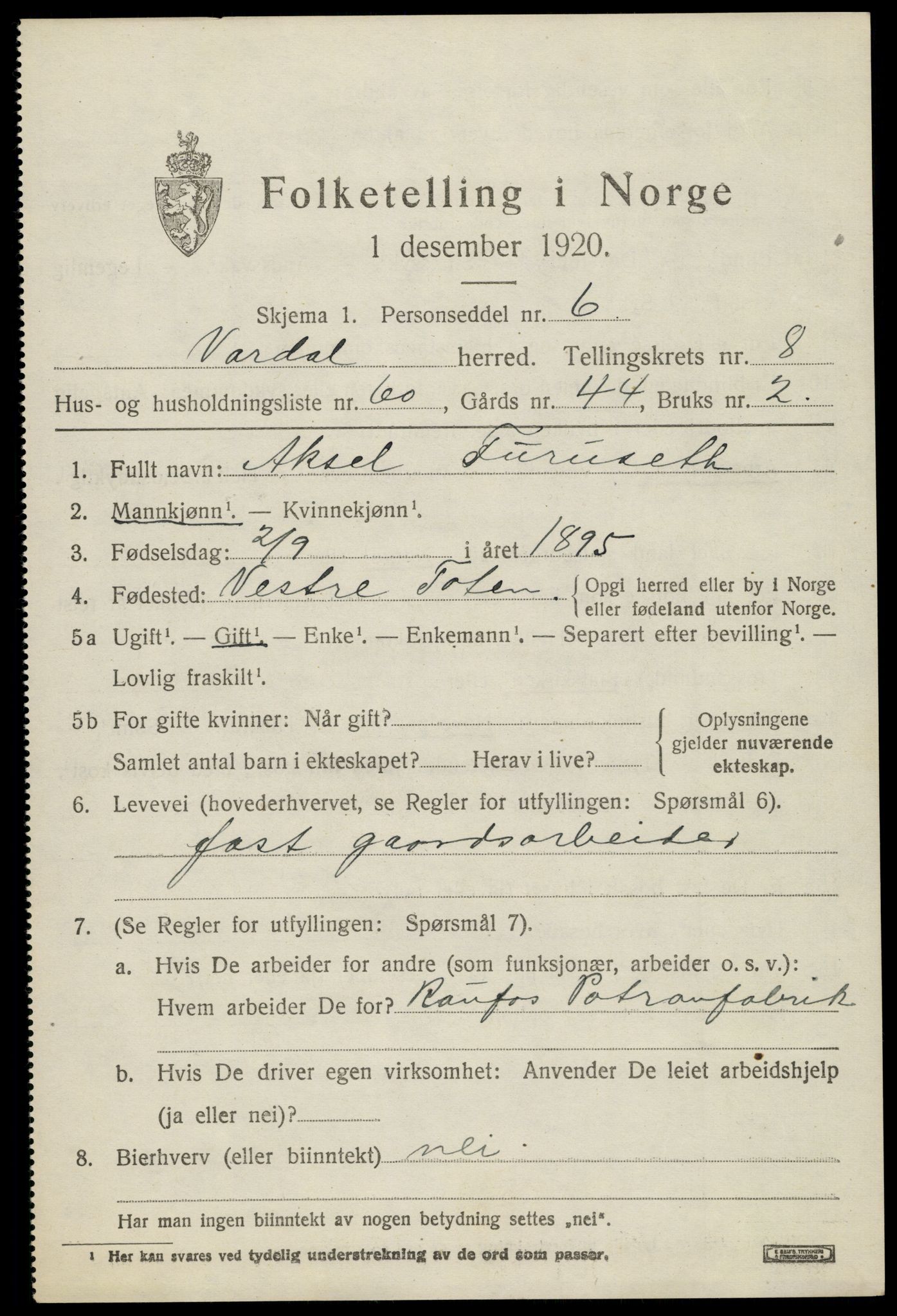 SAH, 1920 census for Vardal, 1920, p. 6453