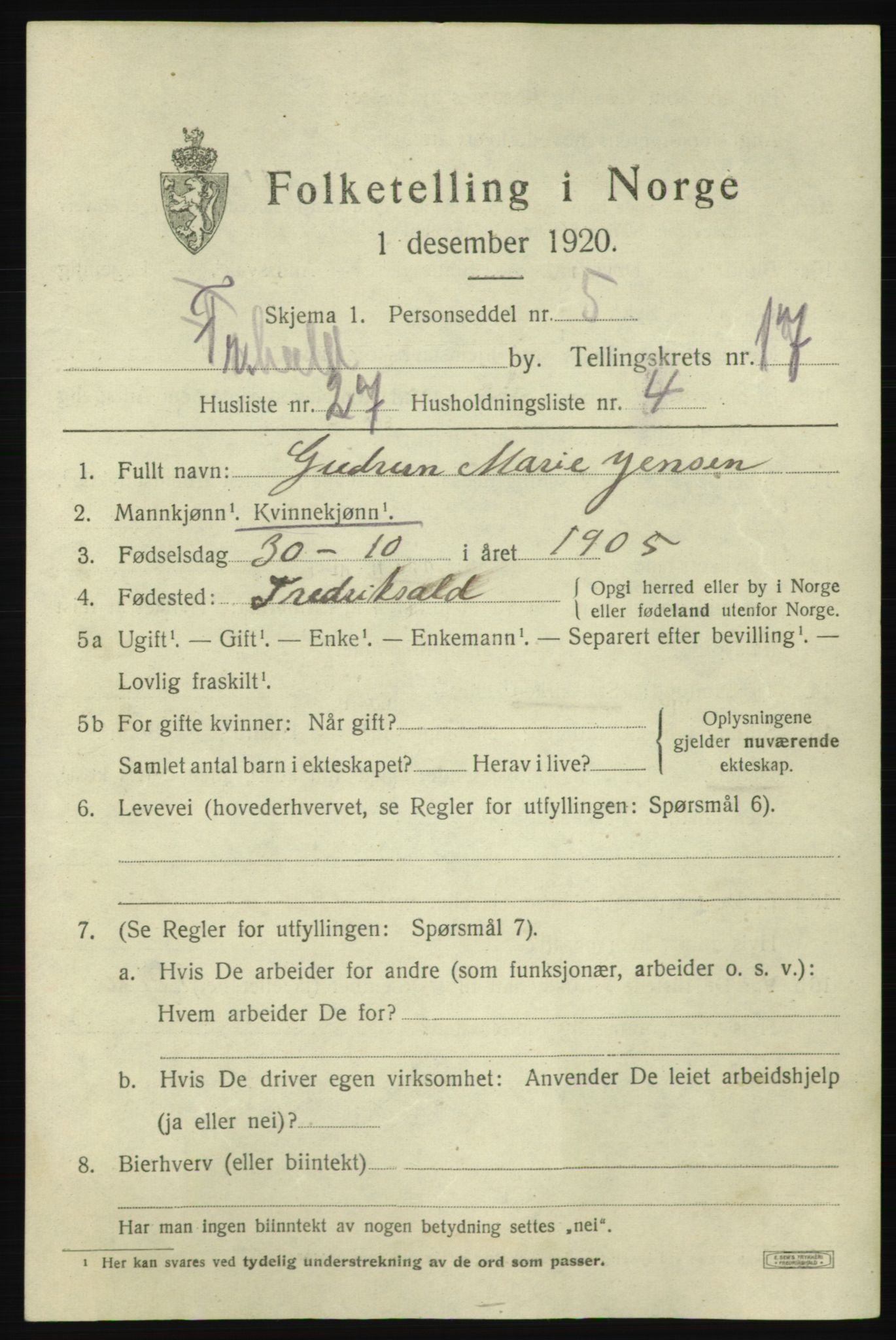 SAO, 1920 census for Fredrikshald, 1920, p. 26550