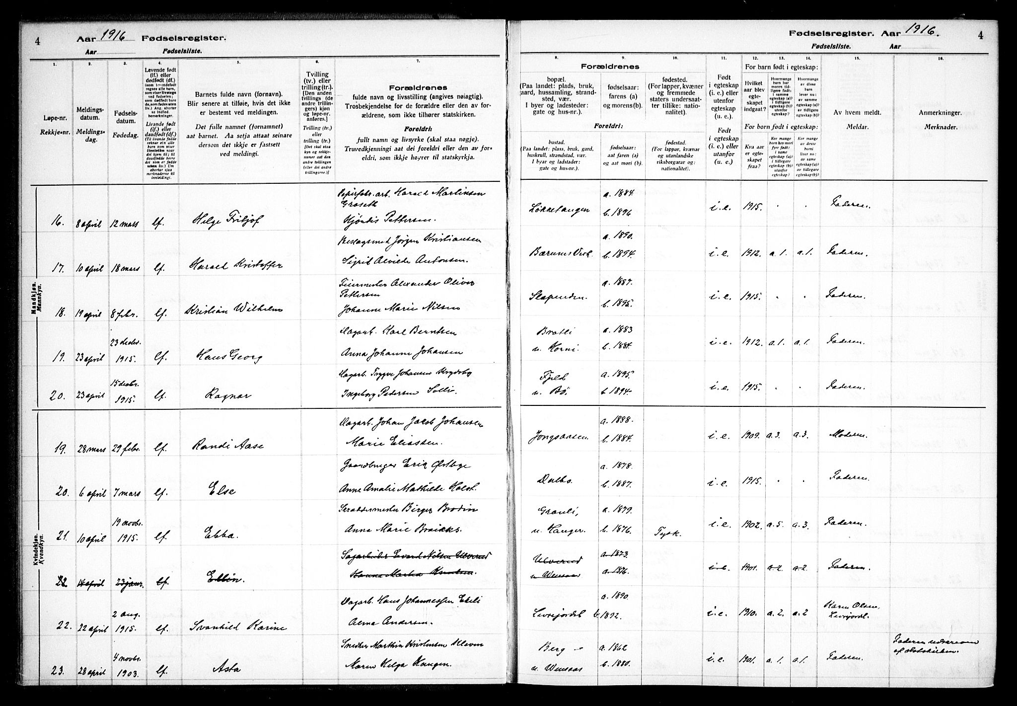 Vestre Bærum prestekontor Kirkebøker, SAO/A-10209a/J/L0001: Birth register no. 1, 1916-1926, p. 4