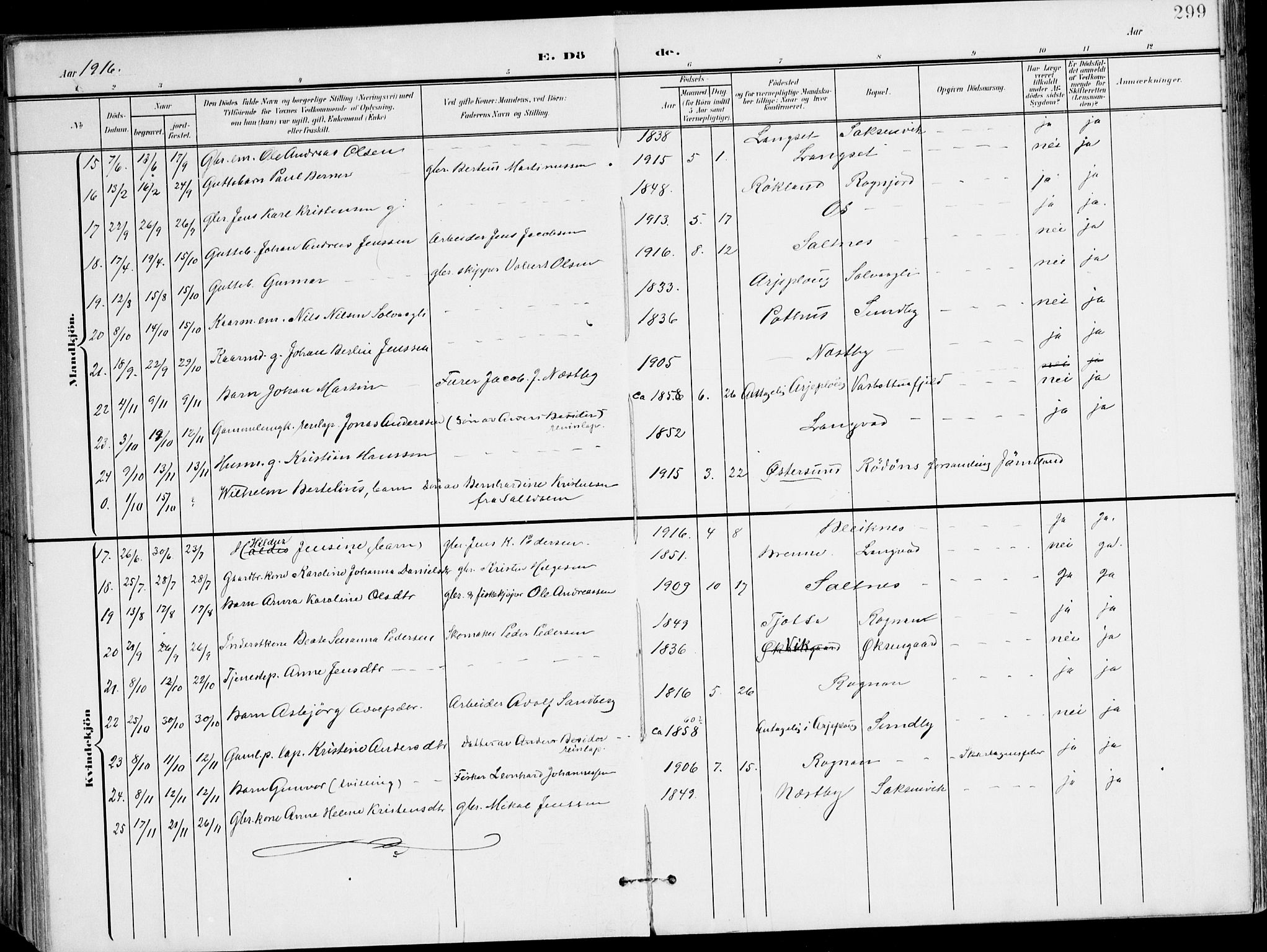 Ministerialprotokoller, klokkerbøker og fødselsregistre - Nordland, AV/SAT-A-1459/847/L0672: Parish register (official) no. 847A12, 1902-1919, p. 299