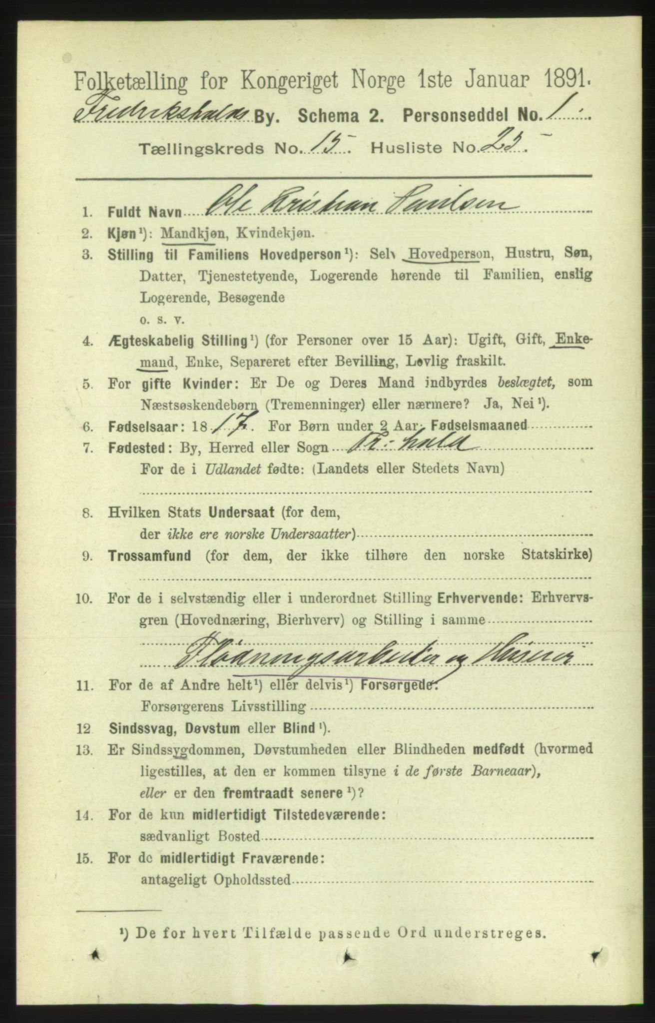 RA, 1891 census for 0101 Fredrikshald, 1891, p. 9698