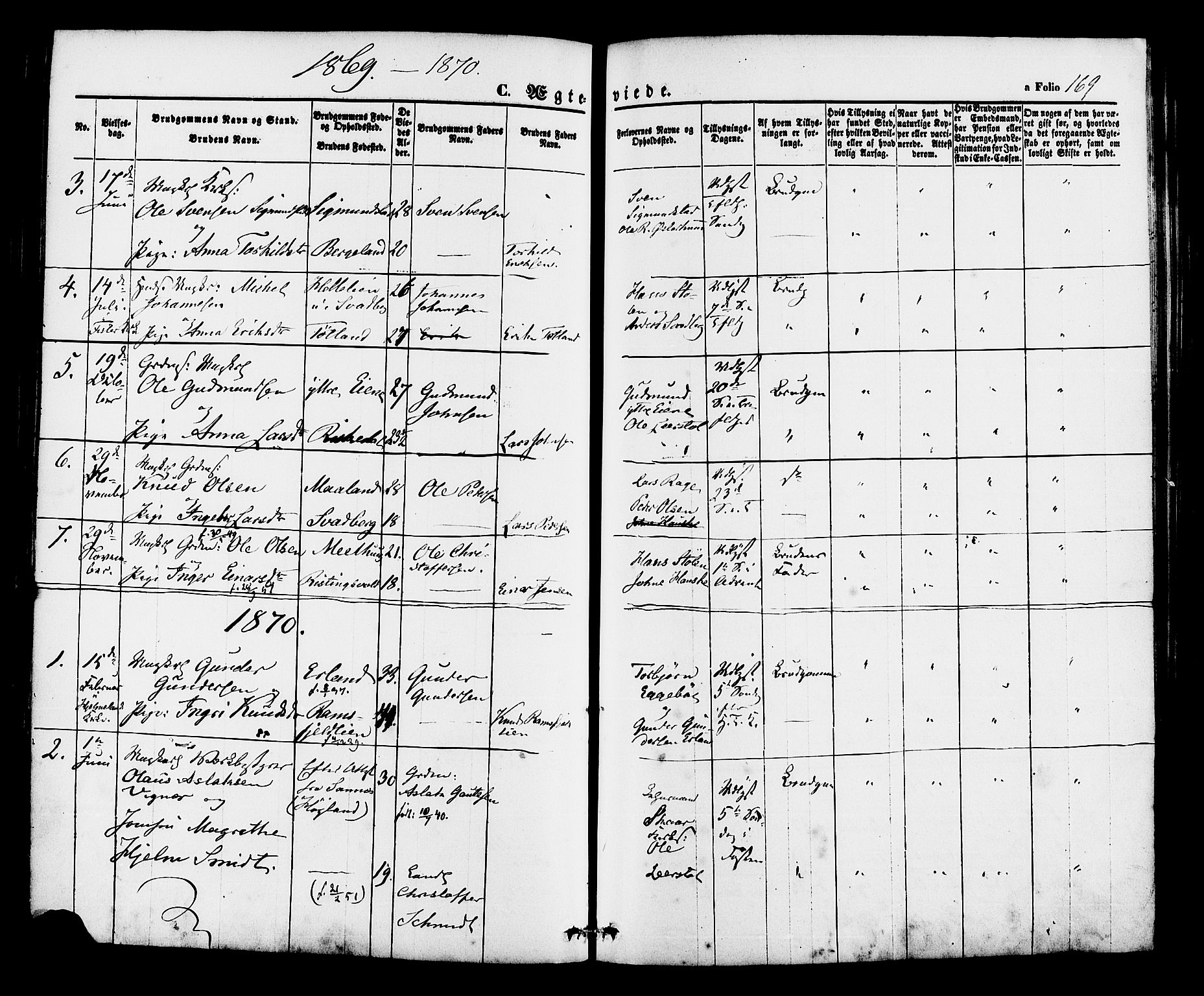 Hjelmeland sokneprestkontor, AV/SAST-A-101843/01/IV/L0012: Parish register (official) no. A 12, 1862-1886, p. 169