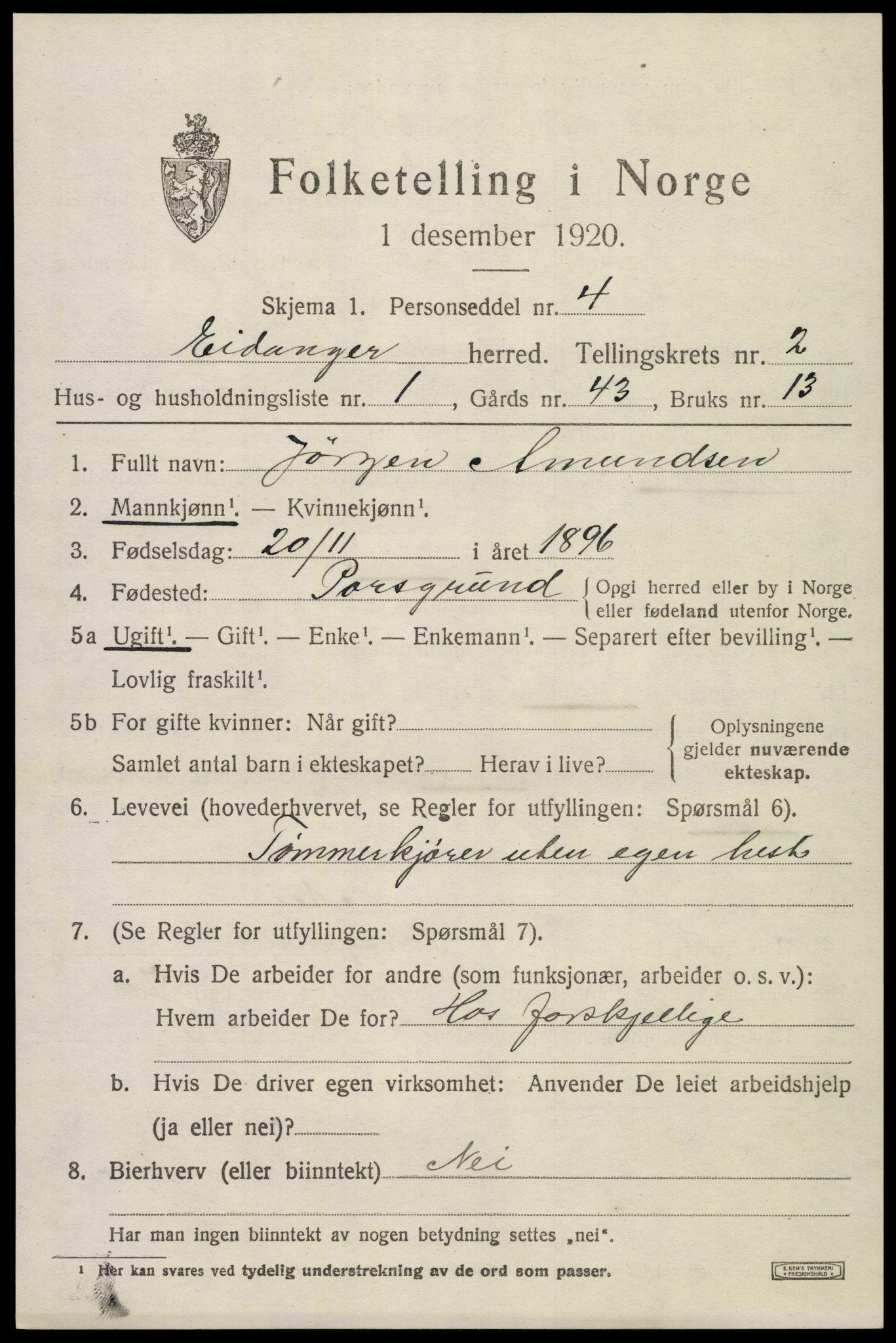 SAKO, 1920 census for Eidanger, 1920, p. 2922