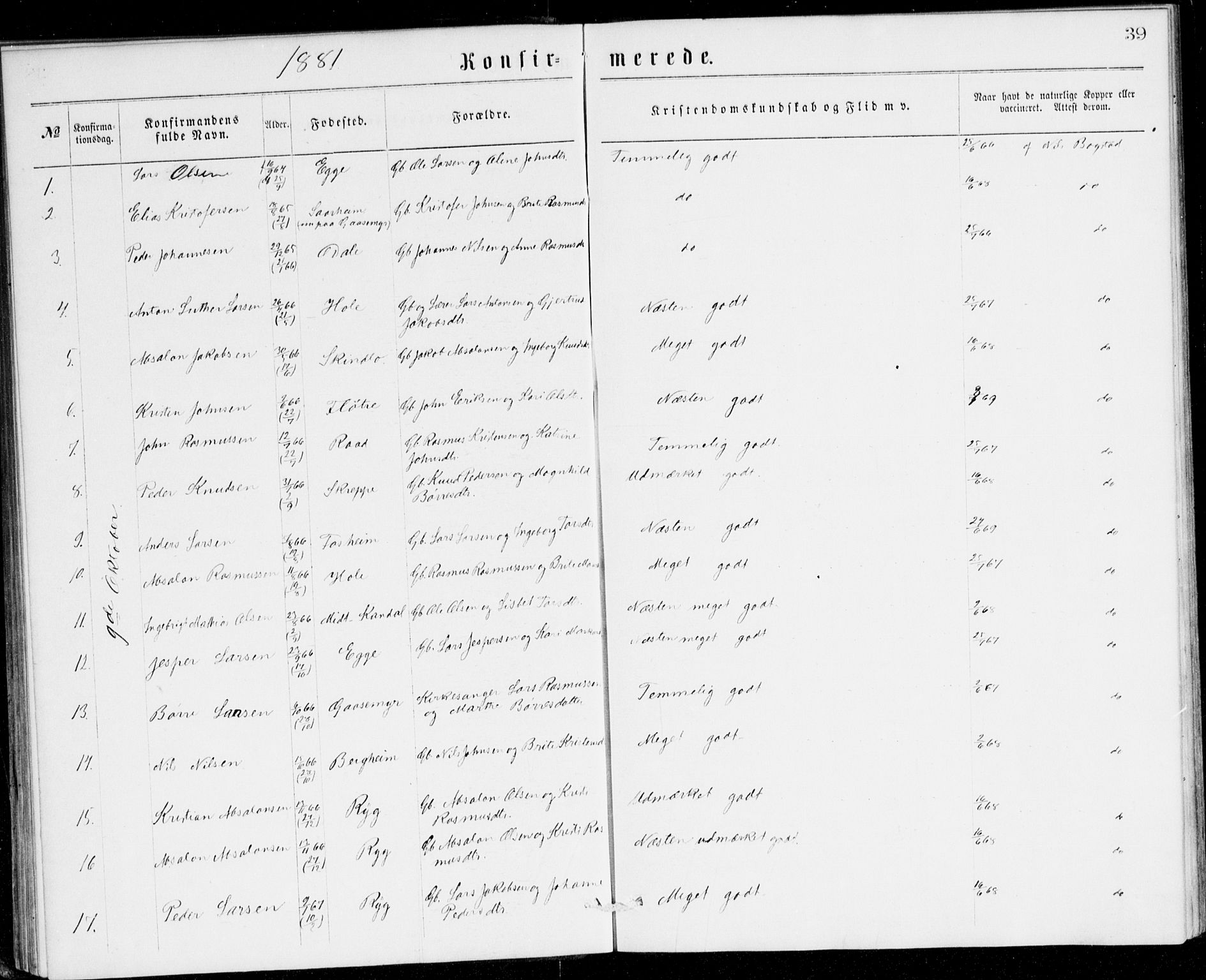 Gloppen sokneprestembete, AV/SAB-A-80101/H/Hac/L0001: Curate's parish register no. A 1, 1867-1886, p. 39