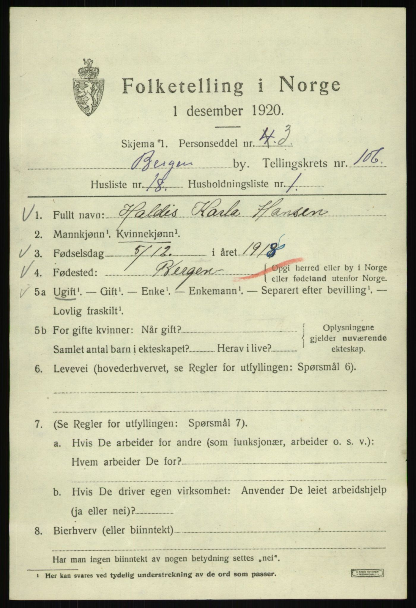 SAB, 1920 census for Bergen, 1920, p. 184668