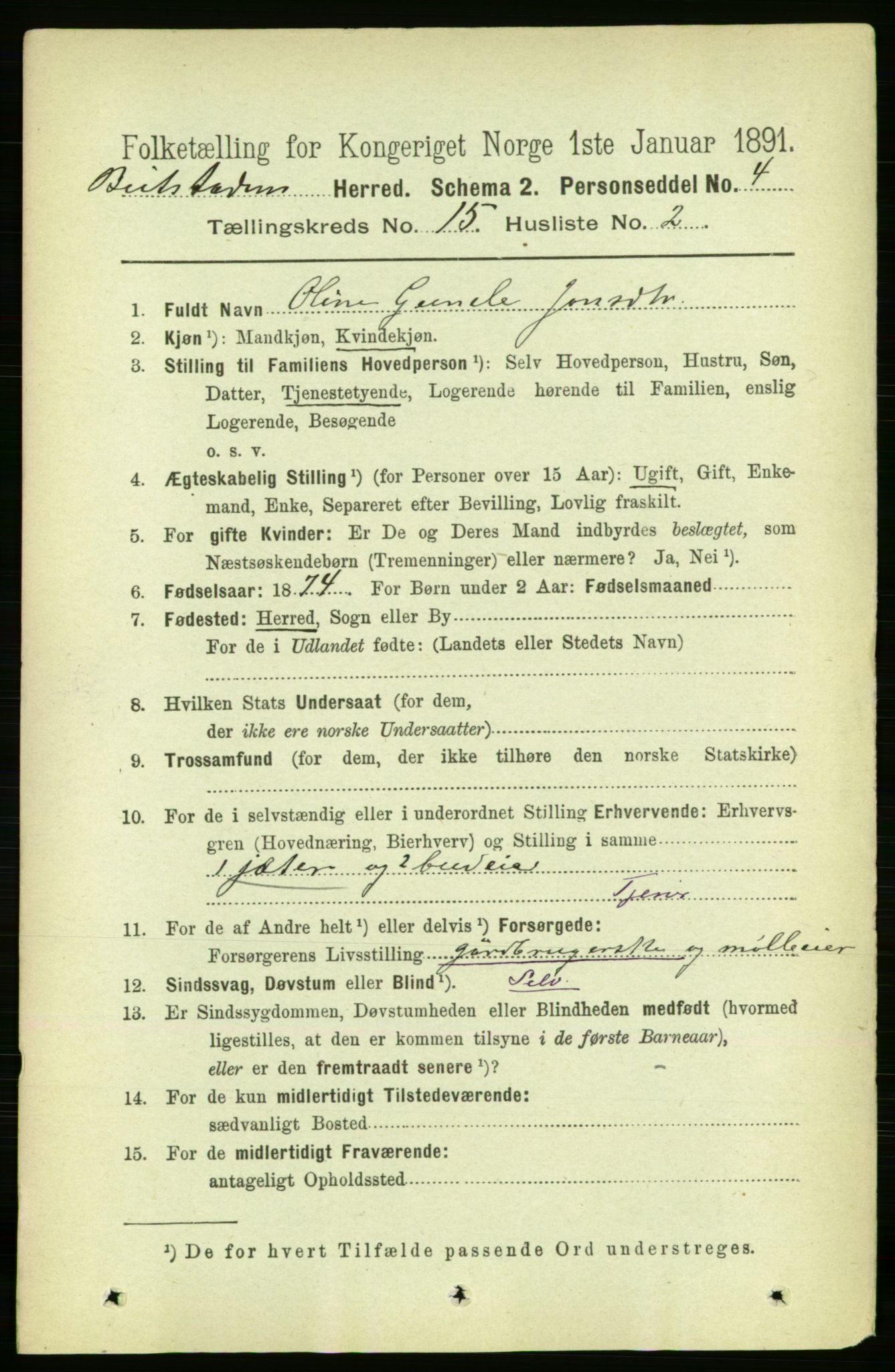 RA, 1891 census for 1727 Beitstad, 1891, p. 4016