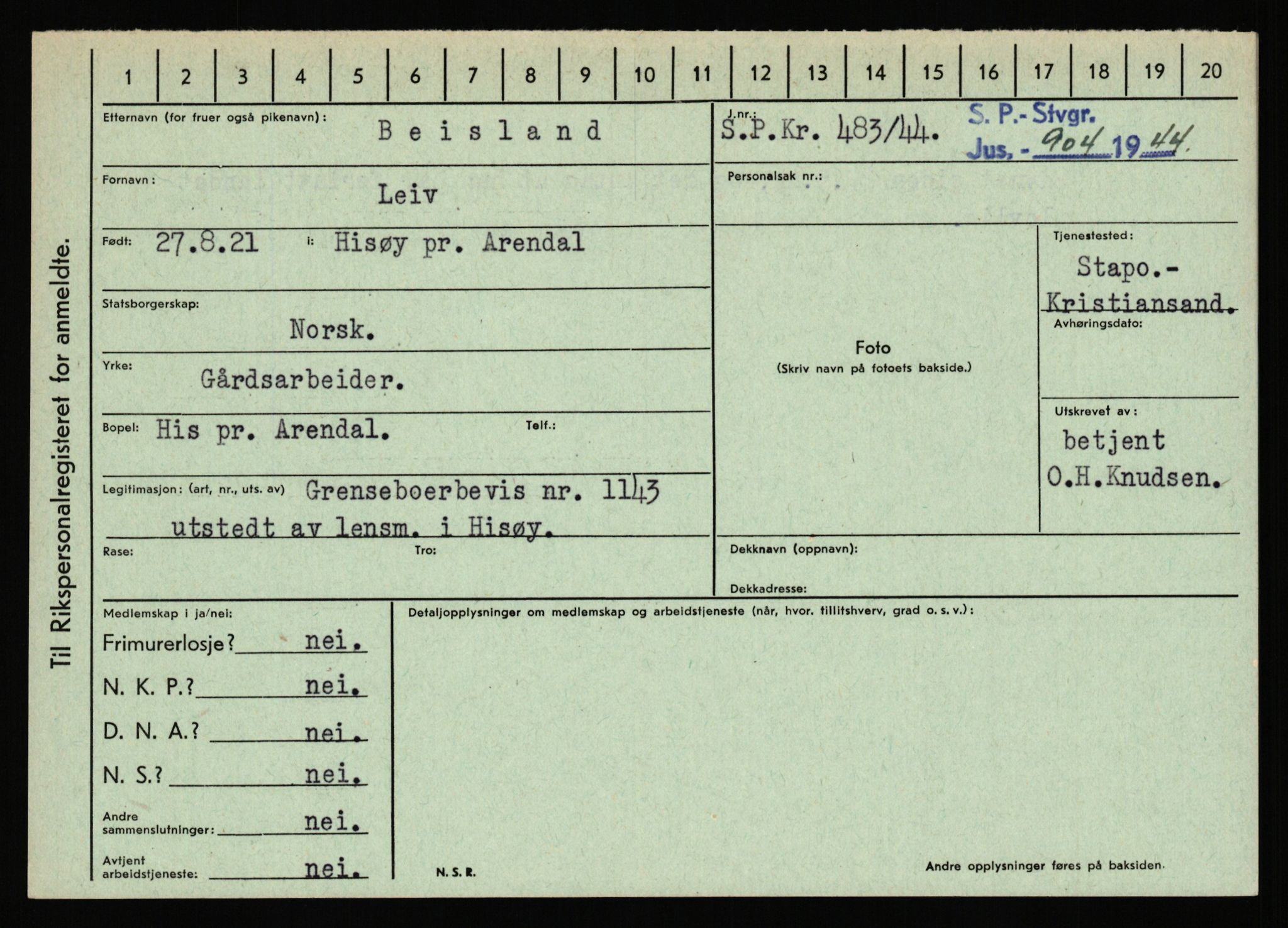 Statspolitiet - Hovedkontoret / Osloavdelingen, AV/RA-S-1329/C/Ca/L0002: Arneberg - Brand, 1943-1945, p. 1667