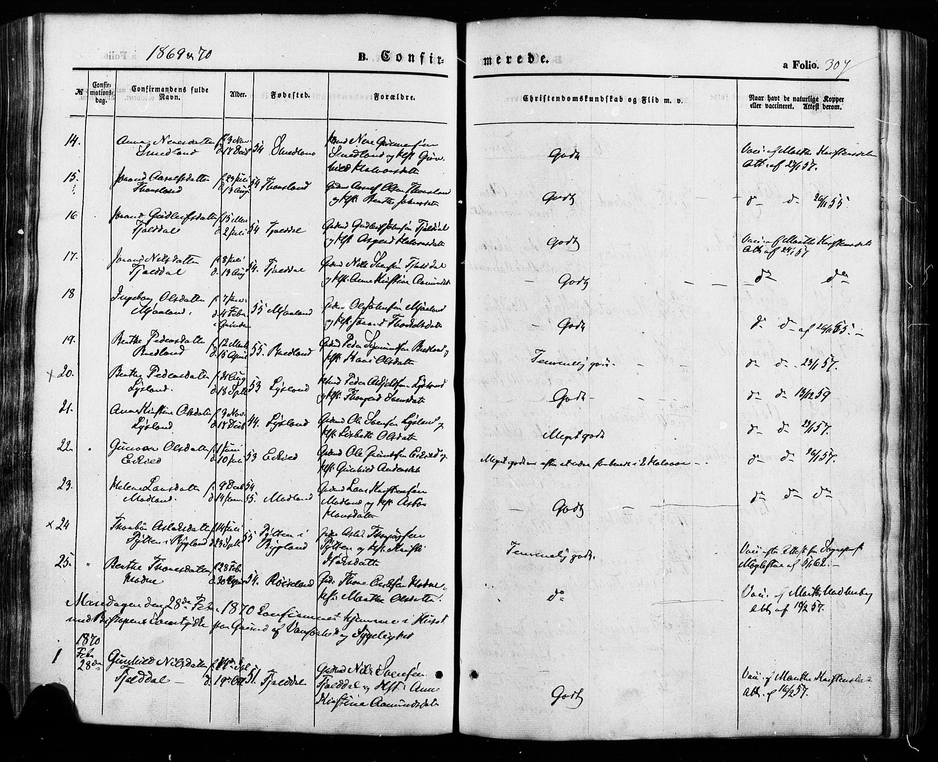 Åseral sokneprestkontor, SAK/1111-0051/F/Fa/L0002: Parish register (official) no. A 2, 1854-1884, p. 307
