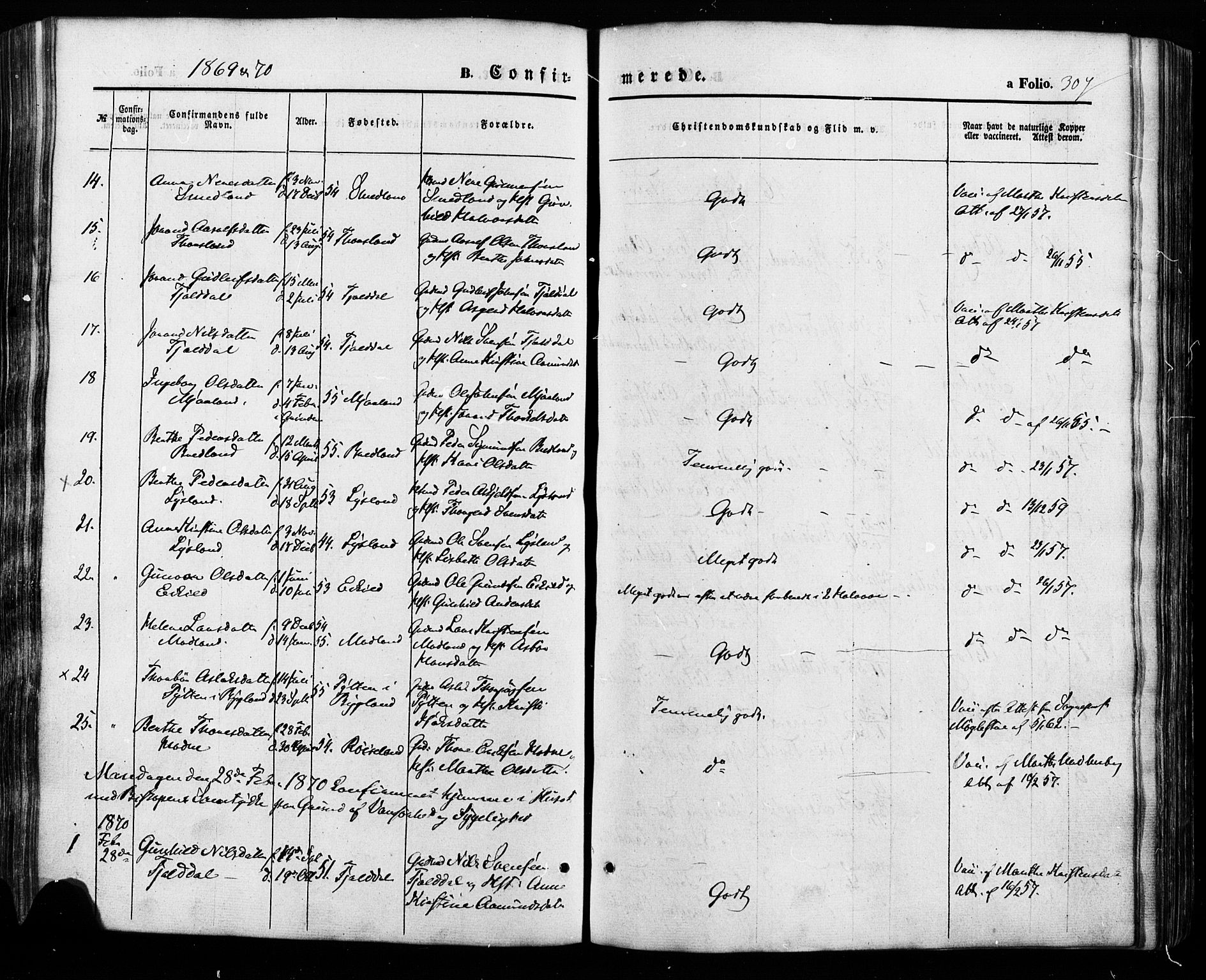 Åseral sokneprestkontor, AV/SAK-1111-0051/F/Fa/L0002: Parish register (official) no. A 2, 1854-1884, p. 307