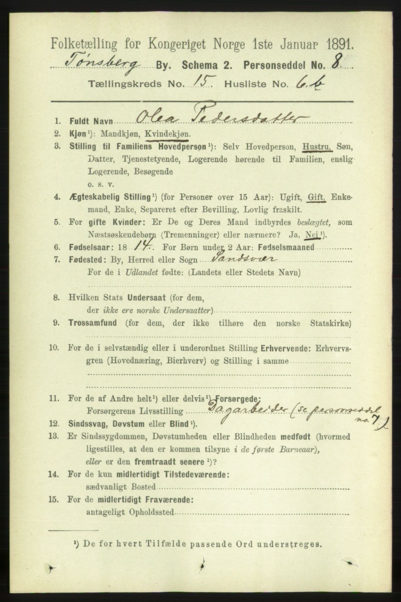 RA, 1891 census for 0705 Tønsberg, 1891, p. 4744